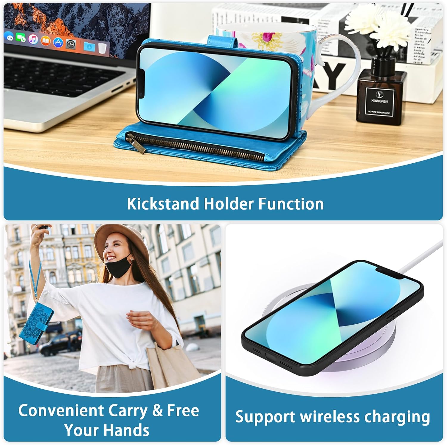 Asuwish Phone Case for iPhone 13 6.1 inch Zipper Wallet Detachable Cell Cover with Tempered Glass Screen Protector Crossbody Strap Flower Card Holder iPhone13 5G i i-Phone i13 iPhone13case Women Blue