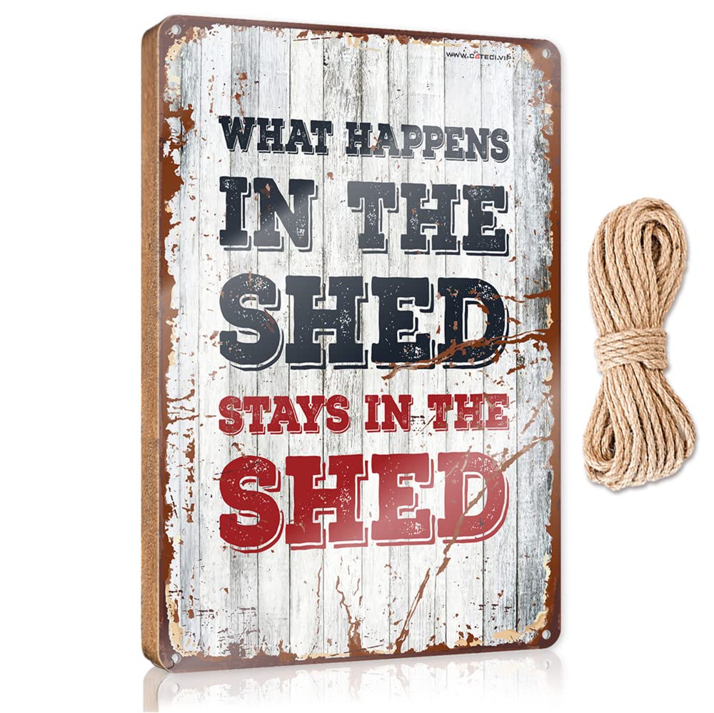 FZFN Hanging Plaque Wooden What Happens In The Shed Stays In The Shed Wooden Sign Front Porch Decor Gifts For The Office(15X28CM)
