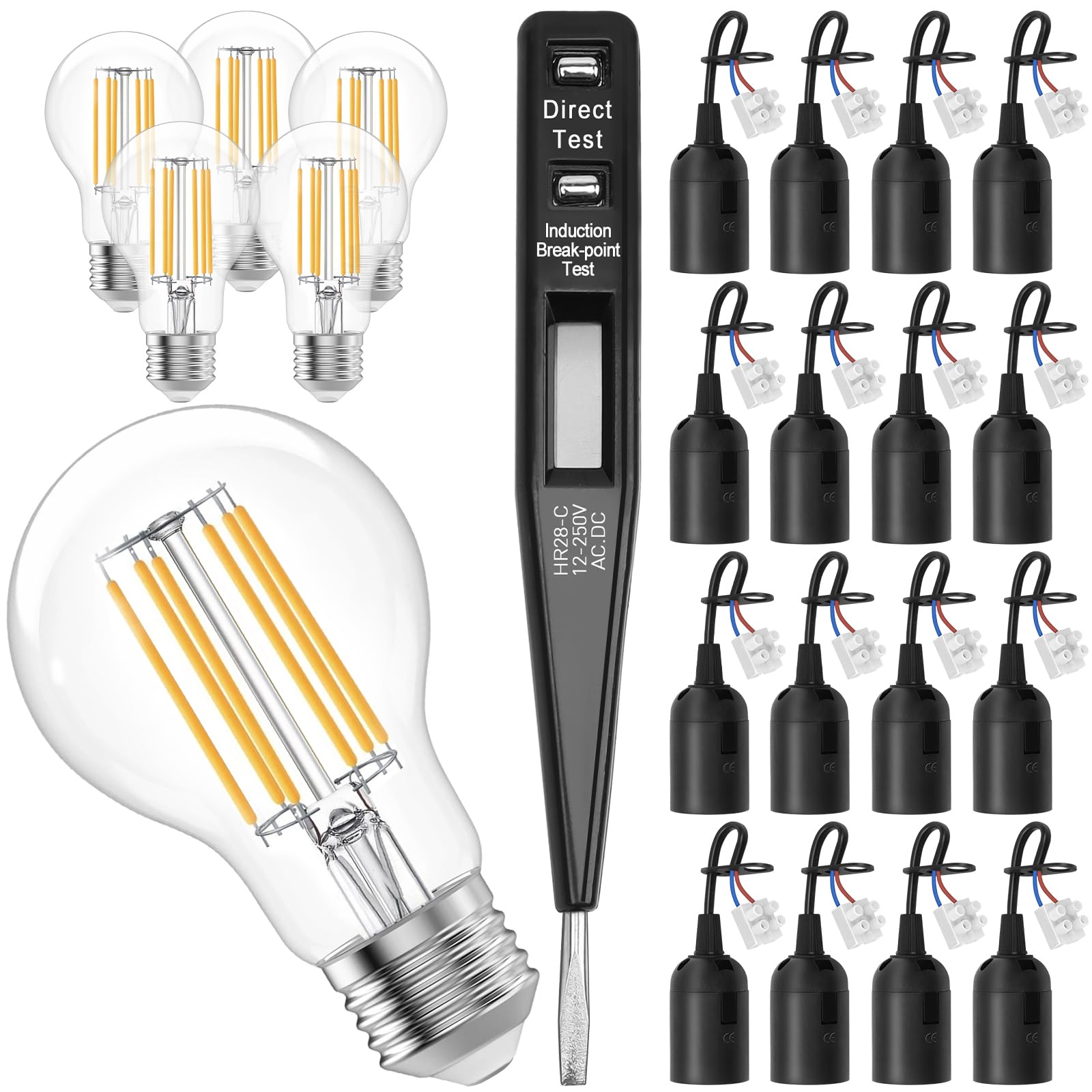16 Pezzi Portalampada E27 con Cavo + 6 Lampadina LED E27 + 1 Pezzo Tester di Tensione VDE,Lampade Basi con Filo e Terminale,Lampadine LED Luce Calda per Cantiere,Soggiorno,Lavori