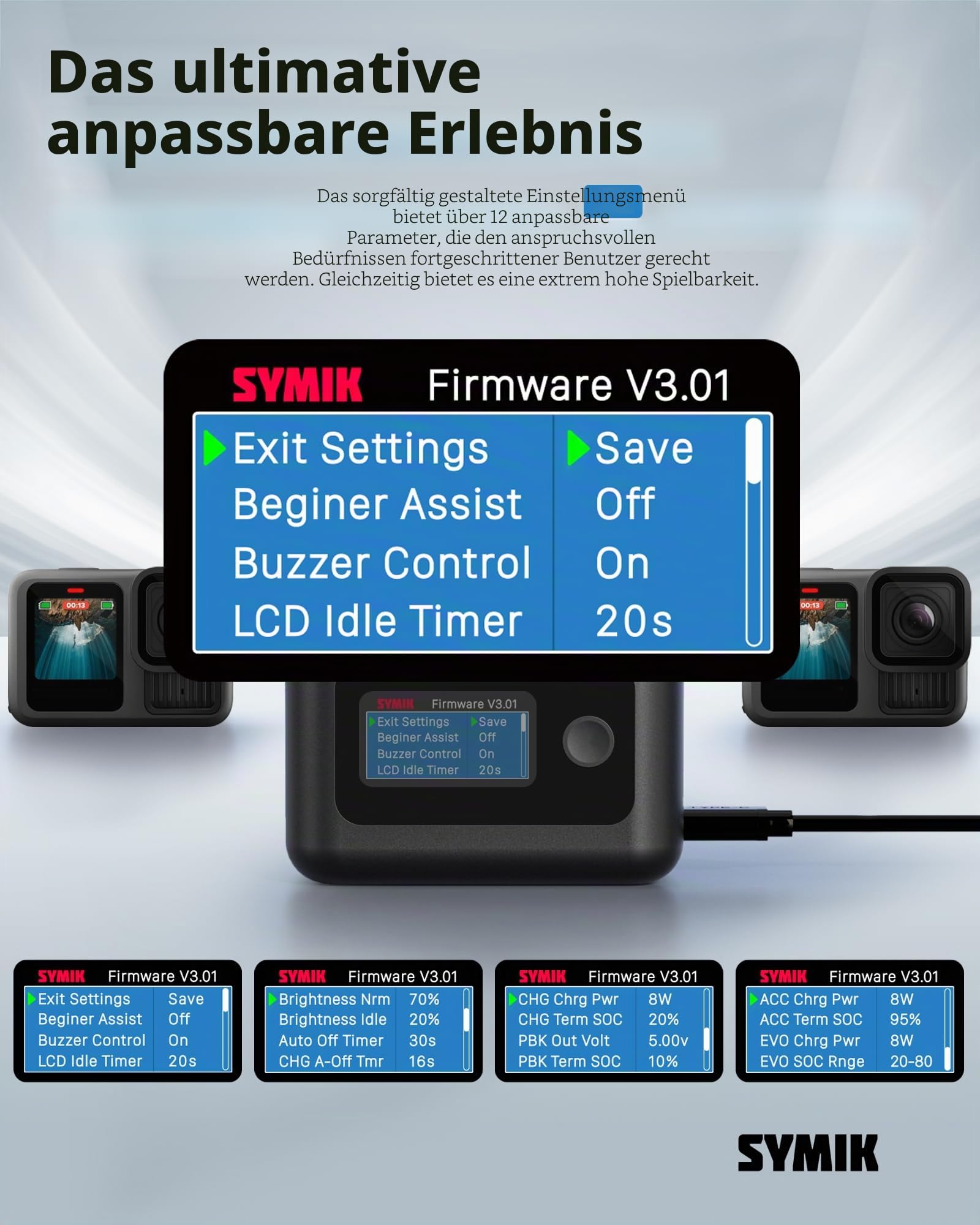 SYMIK Akku-Ladegerät für GoPro Hero 13 & Mission 1 Pro Serie, LCD-Display | 27W PD Schnellladegerät mit 3 Fächern, intelligenter Zwei-Wege-Lade-Hub für GoPro Hero 13 / Mission 1 / Mission 1 Pro Zubehör