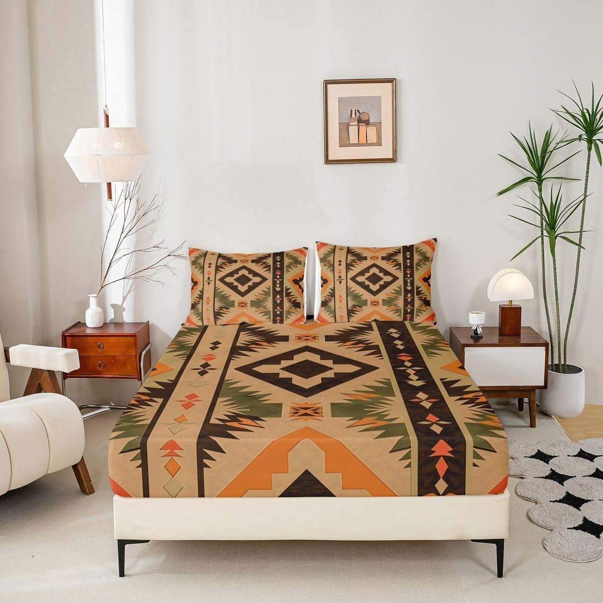 Boho Fitted Sheet Aztec Style Bed Sheets Deep Pocket 12 inch (30 cm) Soft Cozy 3 Piece Microfibre Bed Sheet 200x200 cm with 2 Pillowcases 50x75 cm