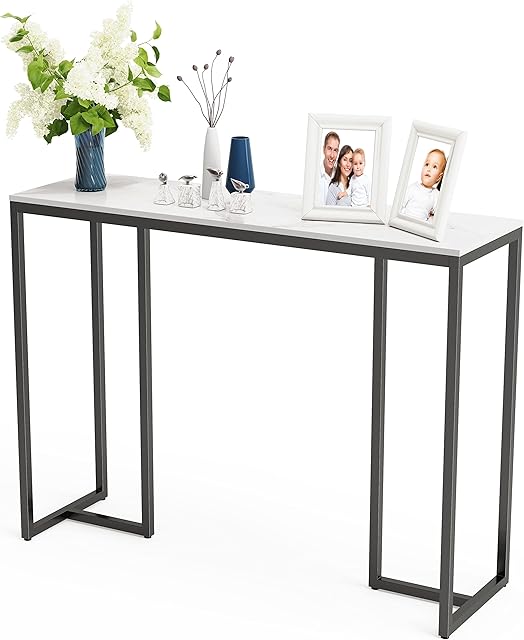 FATIVO Slim Console Table Hallway Unit: White Marble Top Consoles Desk Long 100cm High Gloss Sintered Stone Marbles Effect and Black Legs Narrow Tall Modern Sofa Side Tables Sideboard Living Room