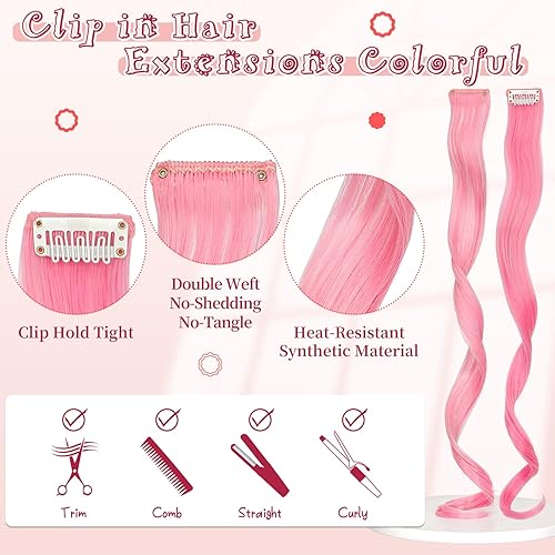 Miniatura 4 de Extensiones de cabello de colores 12 piezas de 20 pulgadas, extensiones de cabello rosa cosplay con clip, color arcoíris, para fiesta, largo,