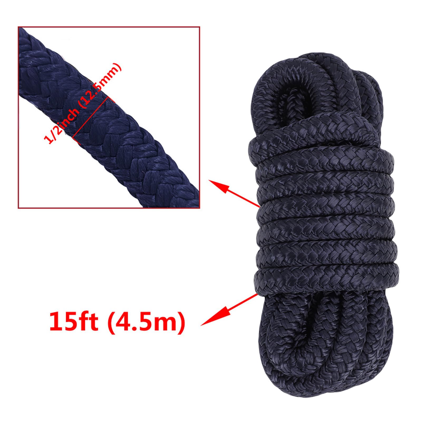 Tissting Bootsleine 1/2 Zoll X 15 Ft Nylon Doppelt Geflochtene Ankerleine Für Sicheres Vertäuen - 2 Stück Hochfeste Marineleine Mit 12 Zoll Auge Für Boote Bis 35 Ft, Segelboote (Marineblau)