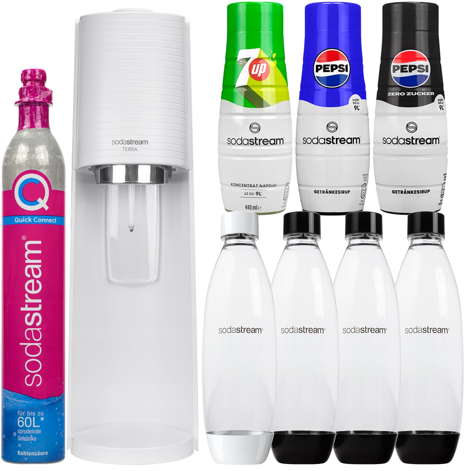 Sodastream SATURATOR TERRA BIAŁY 4 BUTELKI + 3 SYROPY PEPSI MIRINDA 7UP