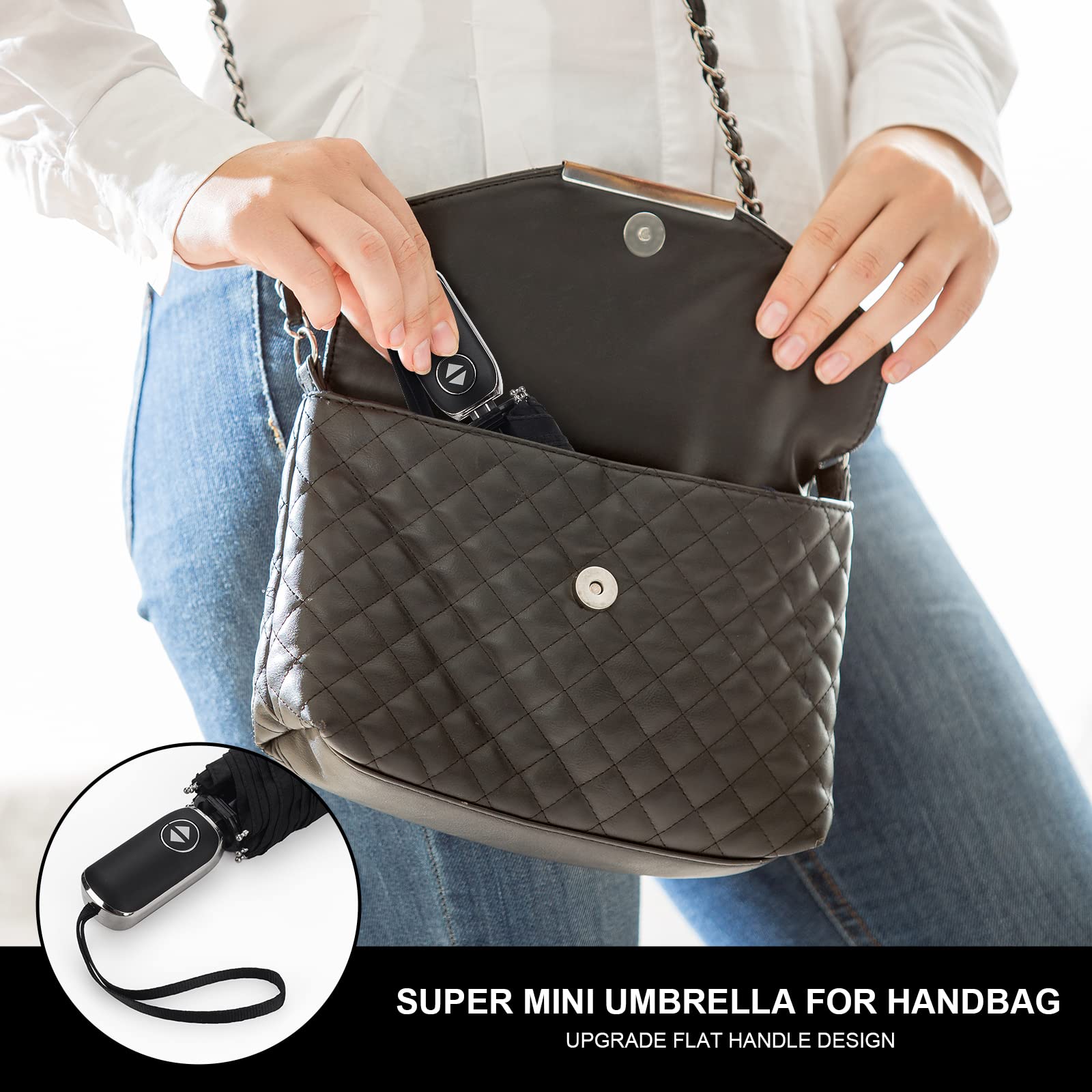 Paraguas de viaje compacto para bolso, mango plano, impermeable para lluvia ligera, 0,5 negro, 42 pulg., Compacto 4