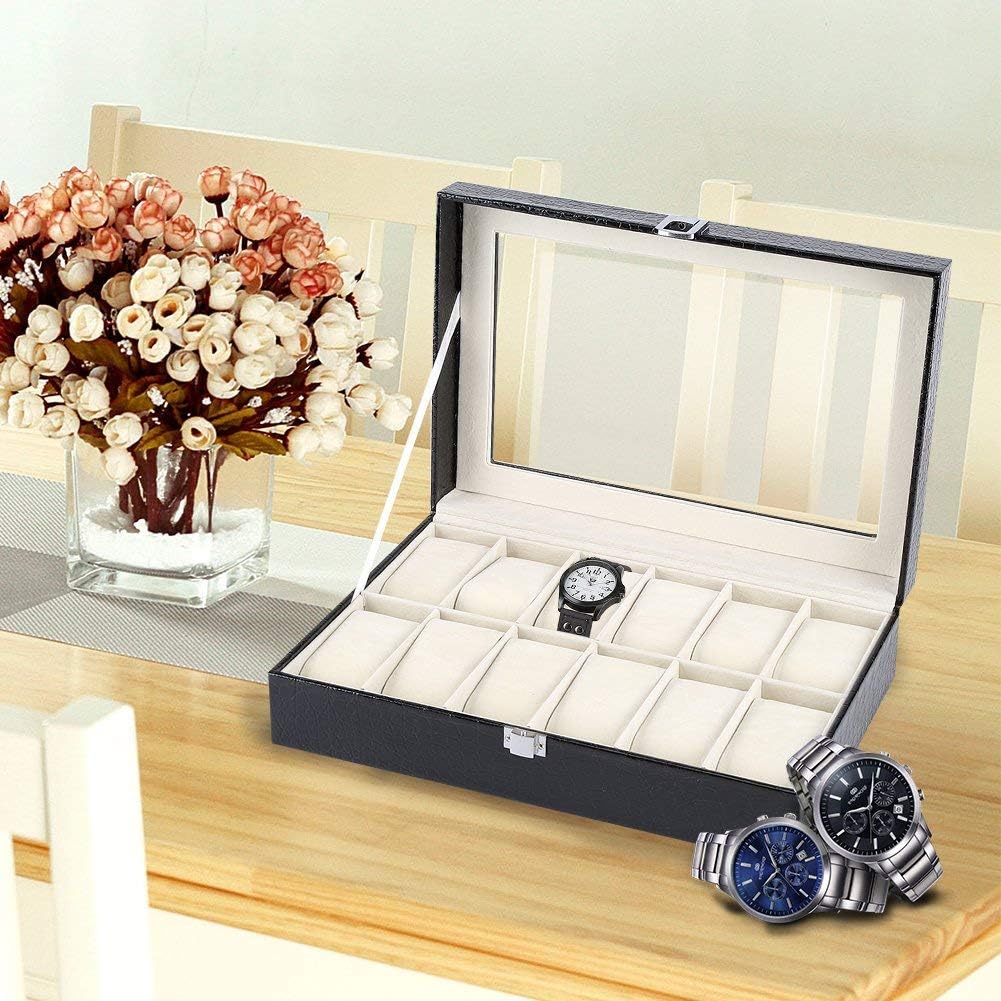 Fdit Grande boîte à montres en cuir synthétique à 12 emplacements pour montres et bijoux - Avec couvercle en verre et verrou en métal - Pour homme et femme (noir)