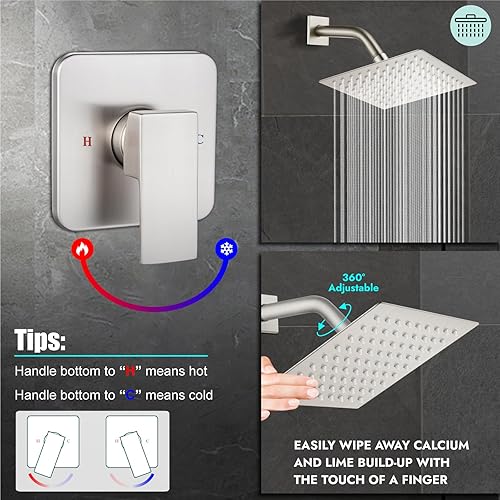 Miniatura 4 de Heyalan Juego de cabezal de ducha y mango de 8 pulgadas, juego de grifo de ducha cuadrado para baño, juego de grifo de ducha de acero inoxidable,