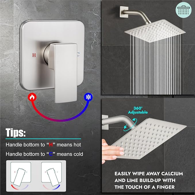 Juego de grifo para ducha lluvia cuadrado de 8 pulgadas Heyalan con válvula, acabado niquel cepillado | Cabezal de ducha de acero inoxidable SUS304, válvula NPT de 1/2 pulgada, control de una sola palanca, ángulo ajustable, caudal de 1,8 GPM miniatura 5