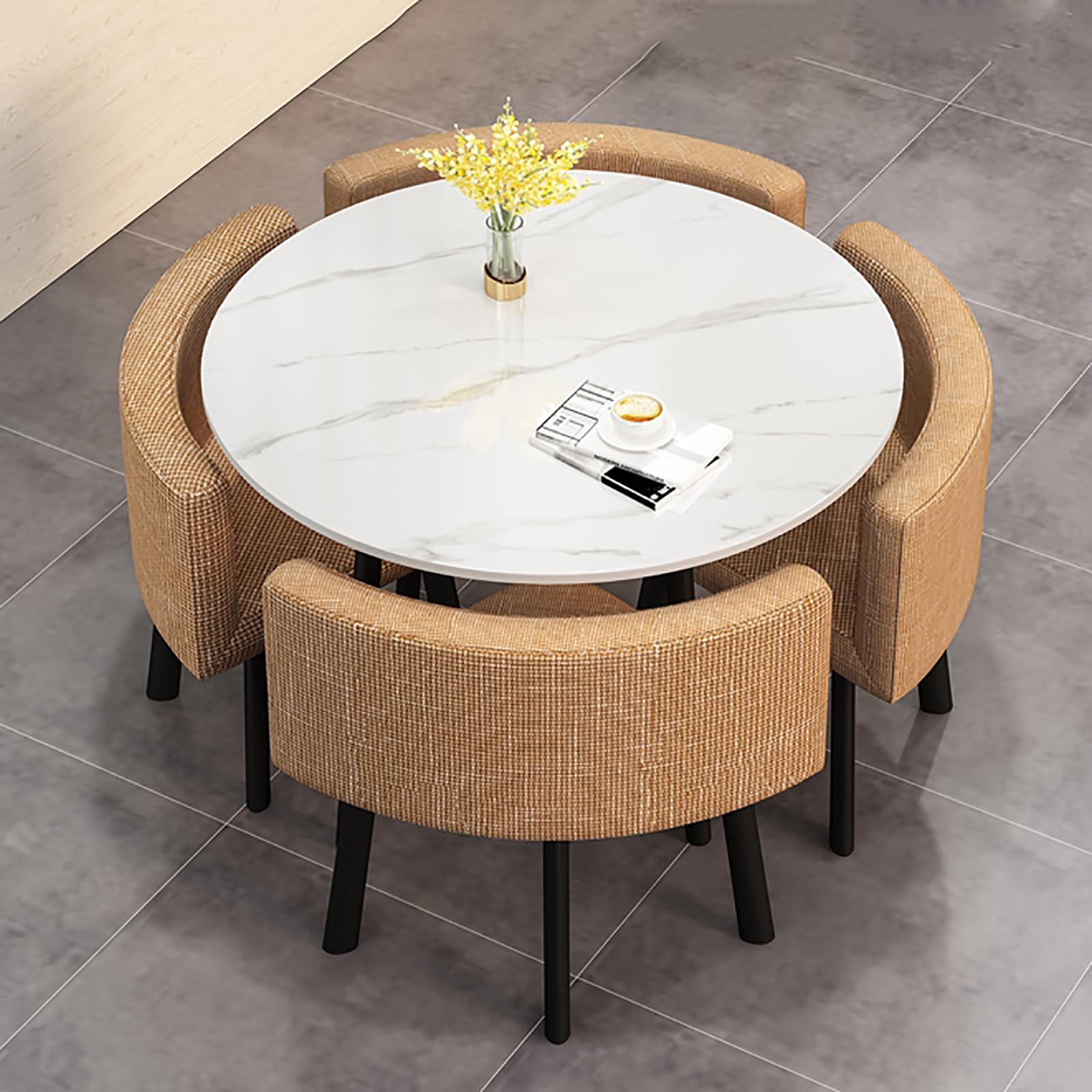Moderno juego de mesa de comedor redonda con 4 sillas para reuniones de pequeñas empresas y oficinas, material de lino de algodón