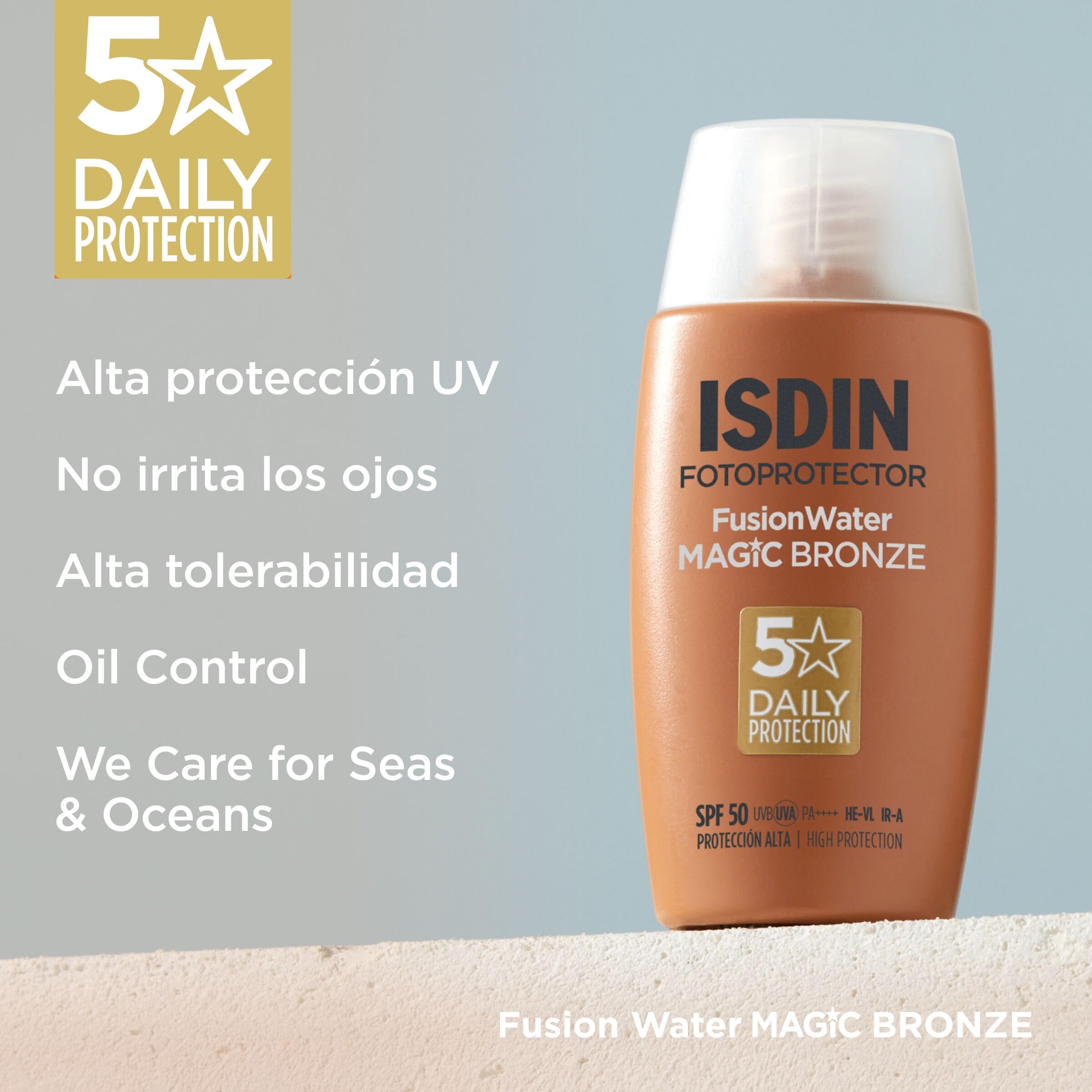 ISDIN Fotoprotector Fusion Water MAGIC Bronze SPF 50, Protector Solar Facial Ultraligero Con Color, Crema Solar Que Unifica El Tono Y Protege Con Tecnología Full Spectrum, En 3 Tonos -50 ml
