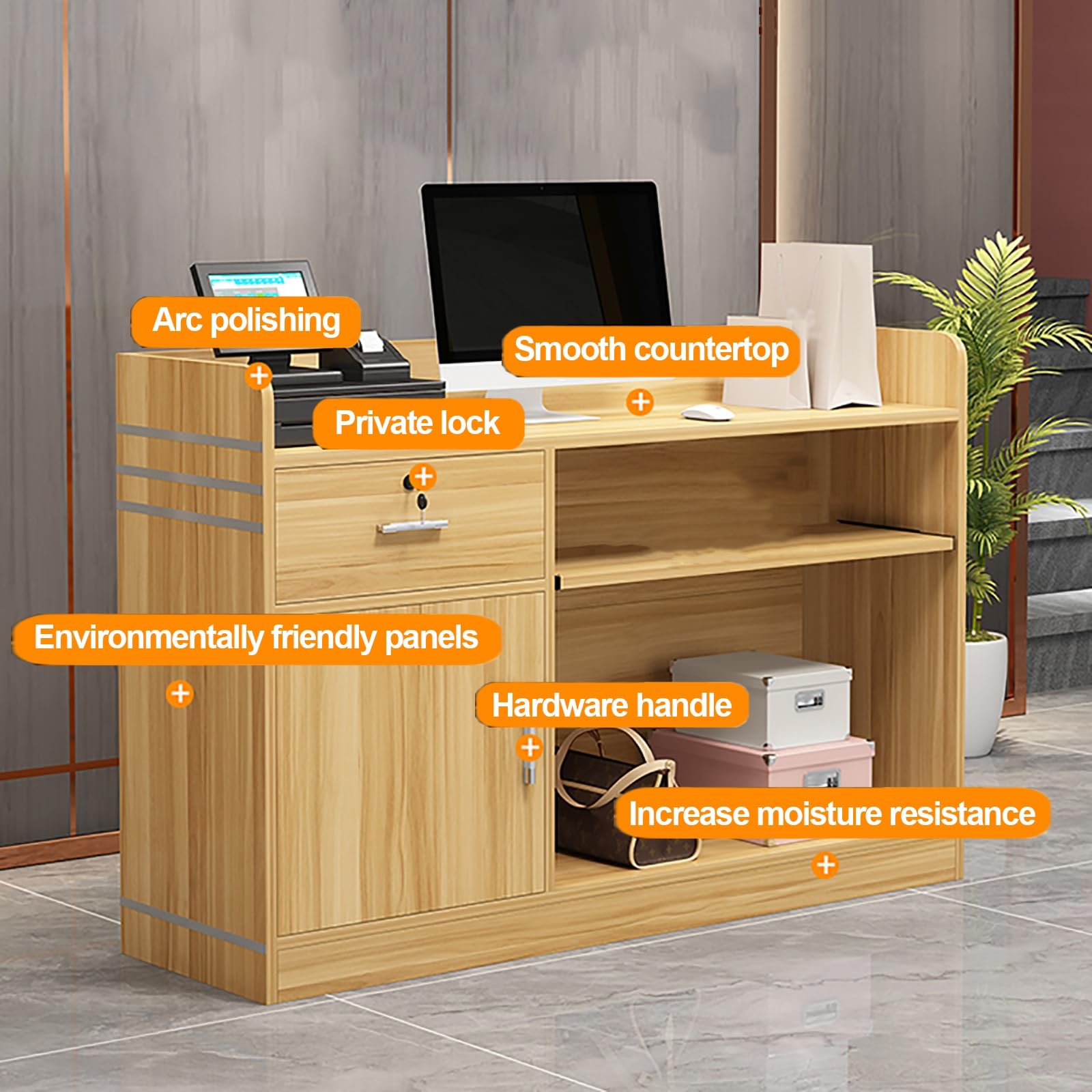 Lada recepcyjna, recepcja, kasa, nowoczesny drewniany licznik detaliczny, recepcja z zamykanymi szufladami, stolik na stacje, do kasy/salonu piękności/L
