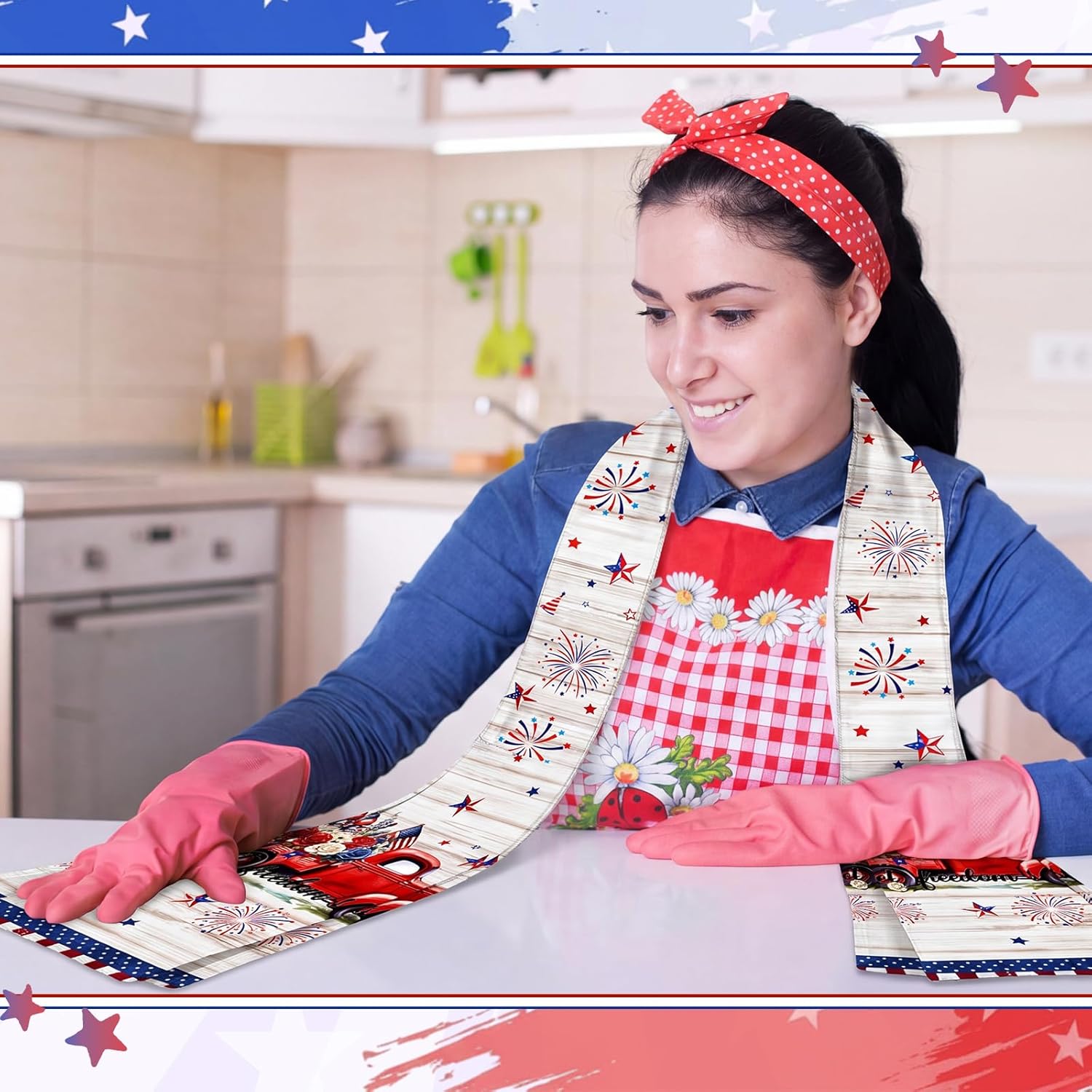 FuWeave 4th of July Kitchen Scarf Dish Towel Patriotic Decor 4 x 68 Inch for Holiday Cooking Baking Accessories Cotton