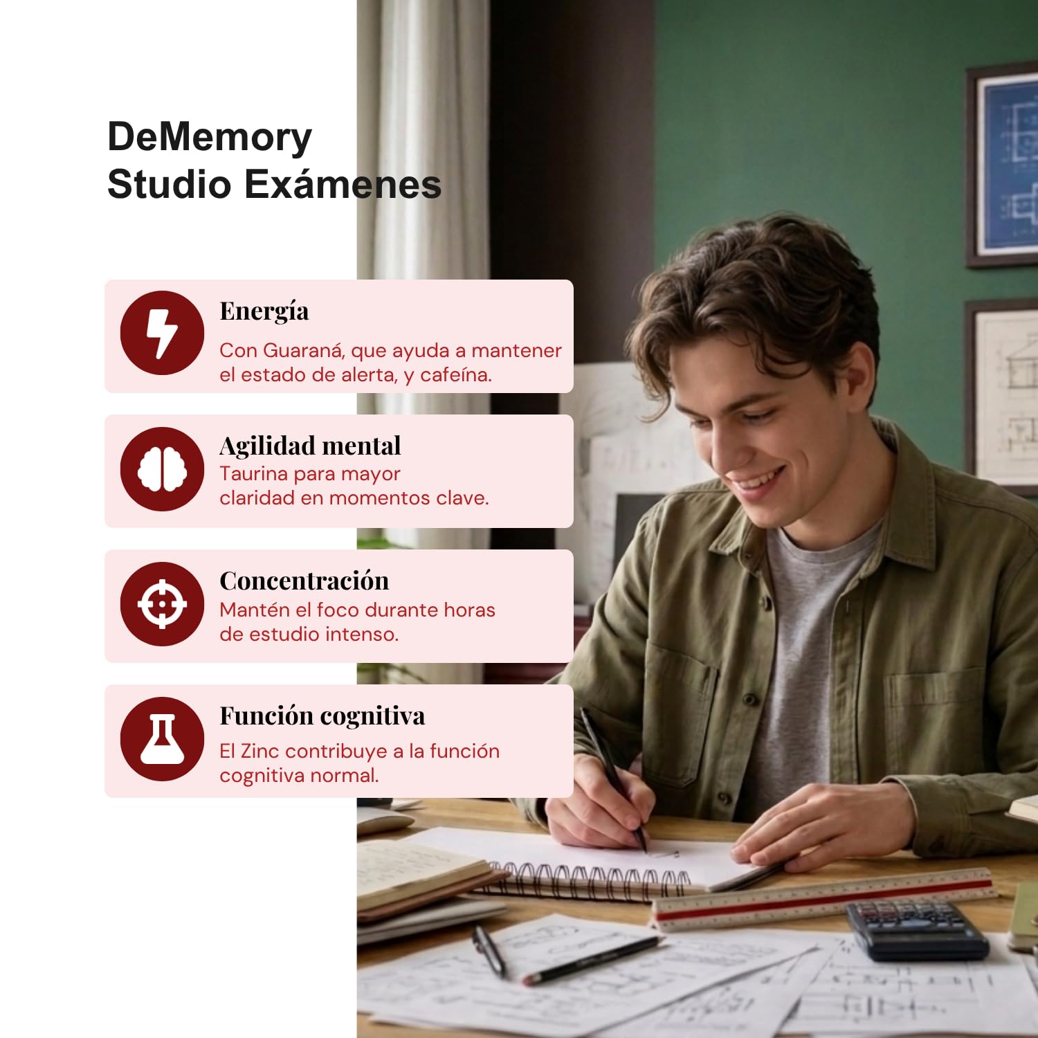 DeMemory Studio Exámenes 30 Comprimidos Efervescentes – Pack de 2 Unidades - Energía, Concentración y Agilidad Mental- con Guaraná, Cafeína, Taurina, Vitaminas y Zinc