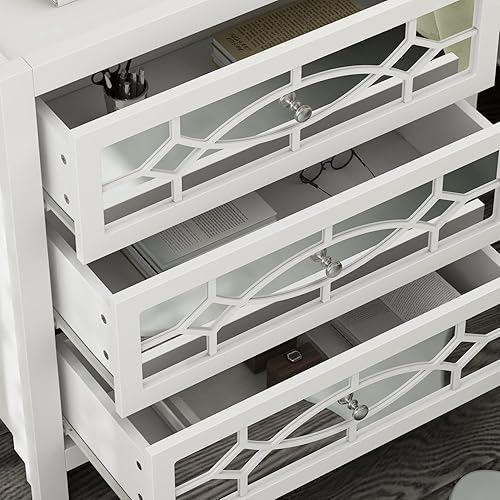 Miniatura 7 de Hitow Mesita de noche blanca con 3 cajones espejados gabinete de almacenamiento de madera mesa de noche decorativa para espacios pequeños y