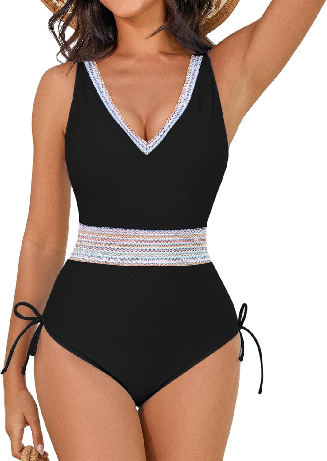 Womens One Piece Swimsuit Color Block Drawstring Swimwear Deep V Neck Tummy Control Bathing Suit