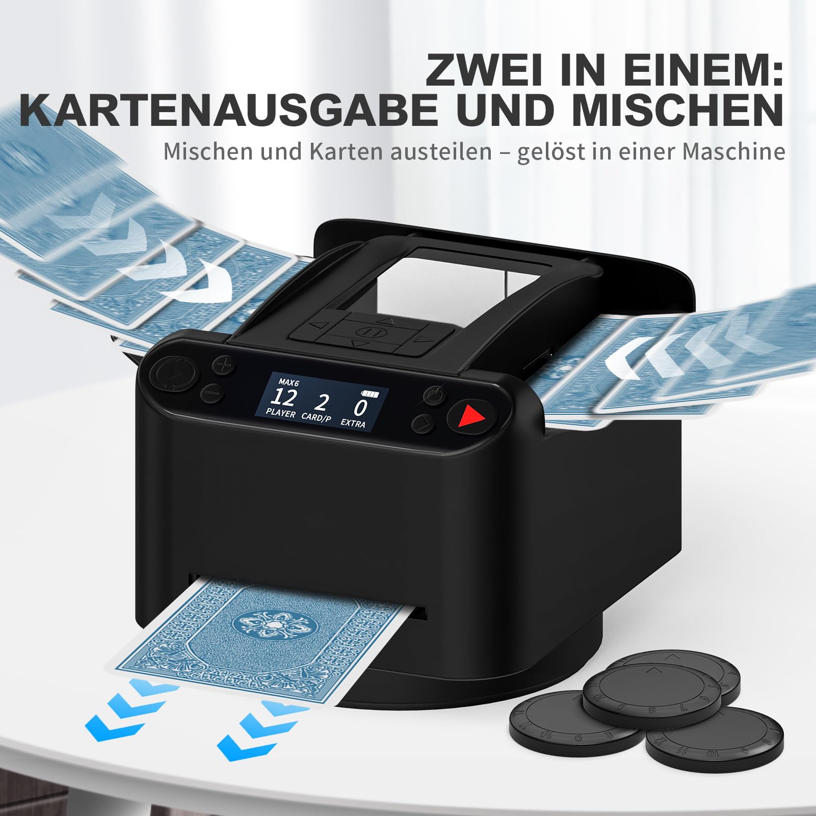 Automatischer Kartenmischer und Austeiler 2-in-1, unterstützt 1-2 Decks, 360° Rotation für 1-12 Spieler, inklusive 4 Fernbedienungen, ideal für Poker, Bridge, Rommé, Zubehör für Familienabende