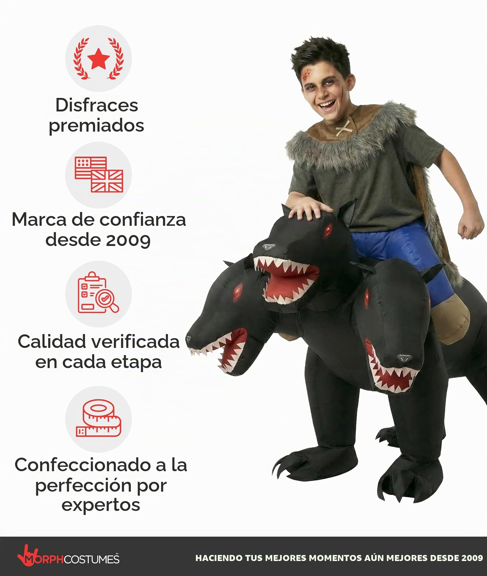 Morph Disfraz Cerbero Hinchable Niño, Disfraz Hinchable Halloween Niño | Traje de Una Pieza & Montura, Perro de Tres Cabezas, Se Infla en Segundos, Perfecto para Halloween, Siempre un Éxito