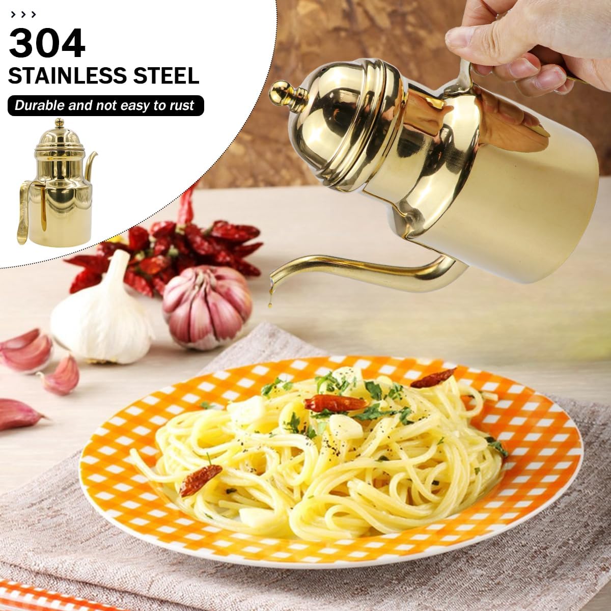 Olive Oil Dispenser Bottle 17.6oz Stainless Steel Oil Dispenser Leak Proof Oil Salad Dressing Storage Oil Container with Lid for Kitchen Cooking BBQ （Gold）