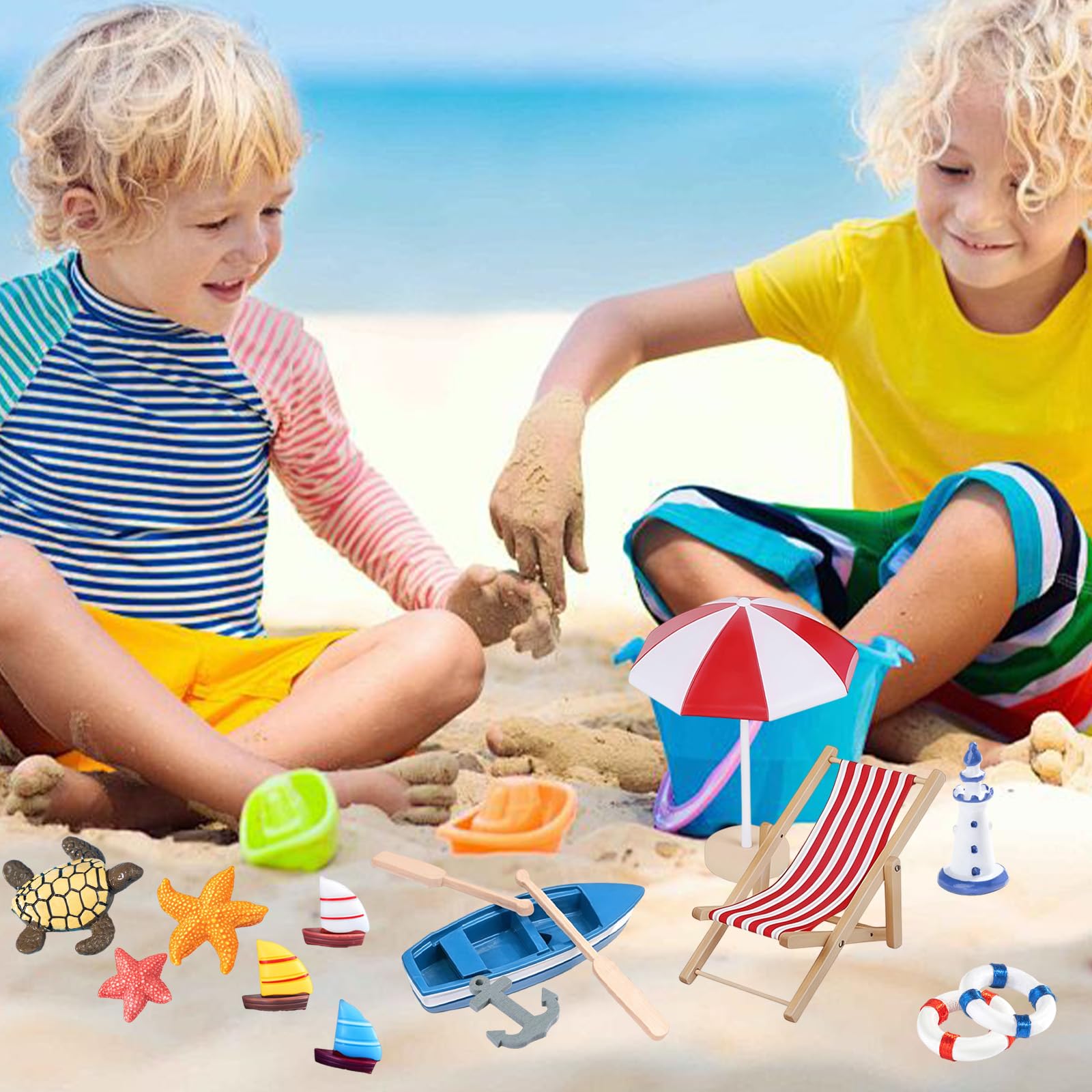 Zouonou 34 Stück Strand-Mikrolandschaft Miniatur Set, Strand Deko Miniatur Zubehör Set mit Liegestuhl Deko, Sonnenschirm, Kleine Palme & Segelboot, für DIY Zen Garten, Geldgeschenk & Sommer Deko - 5