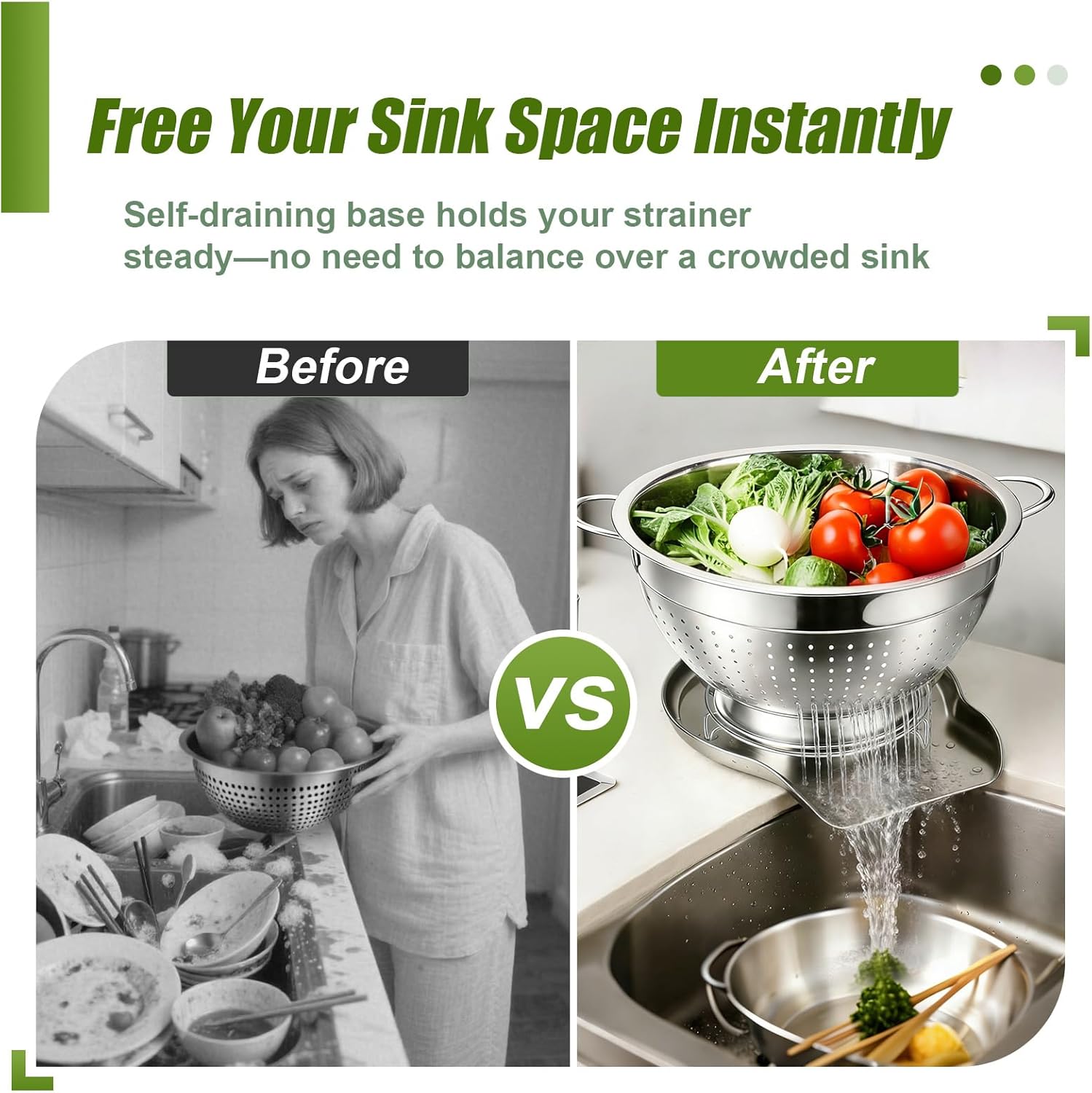 Palksky Stainless Steel Colander Set with Self-Draining Base (3 Sizes Colander Set with Handles & Self-Draining Base)
