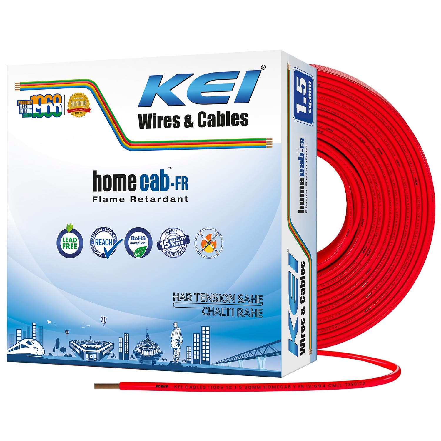 KEI WIRES & CABLES Homecab 1.5 sqmm 1 Core Copper Flame Retardant Hous