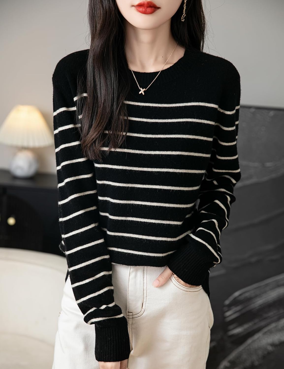 Chanyarn Women's 100% Merino Wool Sweater 2025 Fall Winter Crew Neck Striped Long Sleeve Warm Soft Knit Sweater - Image 3