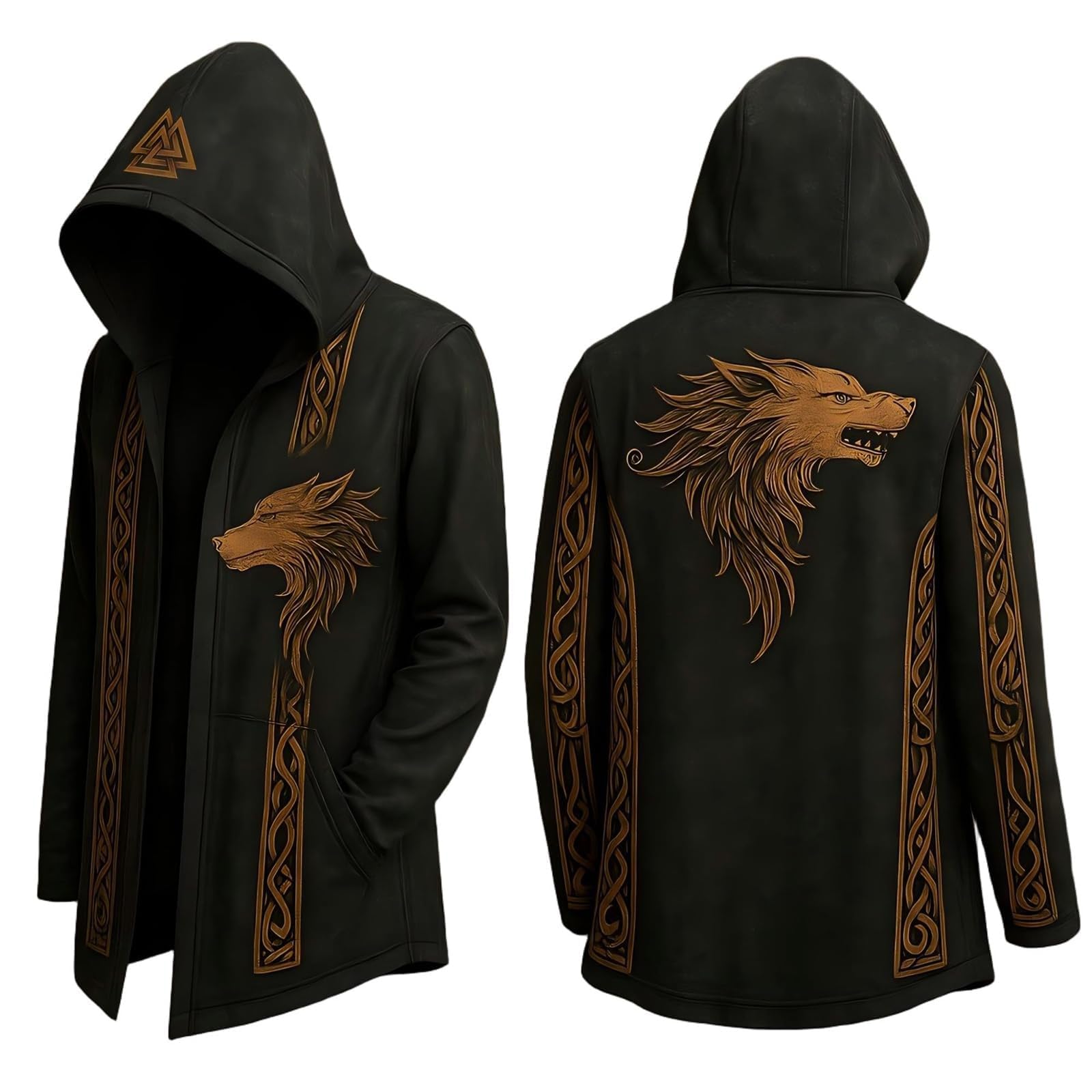Generisch Viking Hoodie Men's Medium Length Spring Autumn Cardigan Cosplay Costume with Hood 3D Printed Cool Coat Biker Jacket Sweatshirt Sweat Jacket Viking Clothing Men, black, L