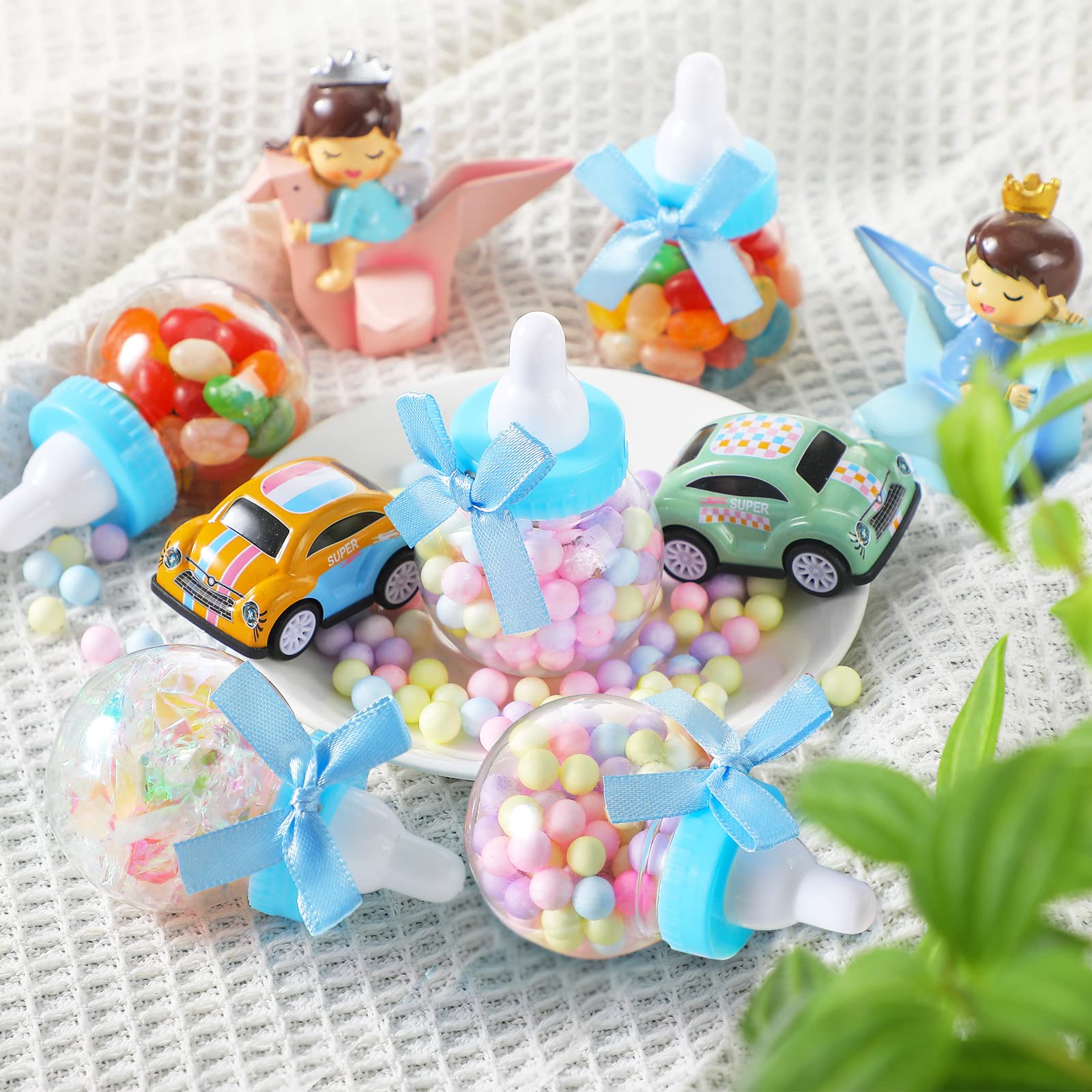 Sosation 48 botellas de regalo para baby shower, mini botella de leche, regalo de fiesta, tarro de dulces para baby shower con nudos de lazo para revelación, regalos de fiesta de cumpleaños, regalo