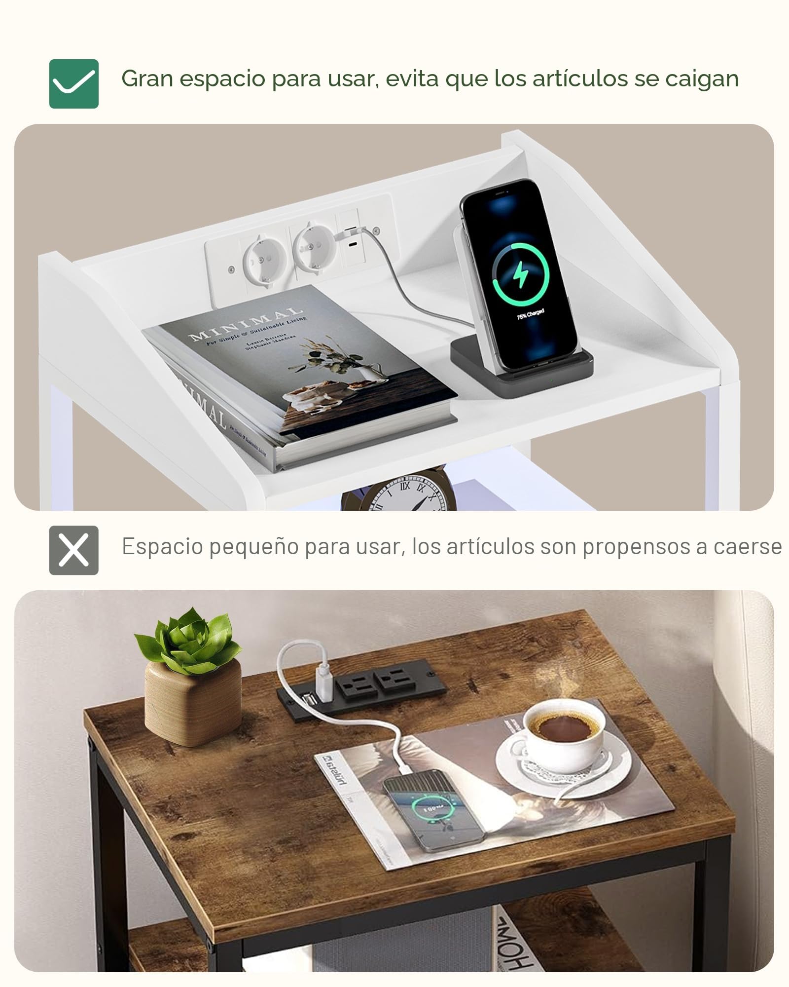 Hzuaneri Mesita de Noche Juego de 2, con Luces LED y Estación de Carga, Mesa Auxiliar Moderna con Puertos USB y Tomas de Corriente, con Estante Abierto para Dormitorio, Blanco NS36213W