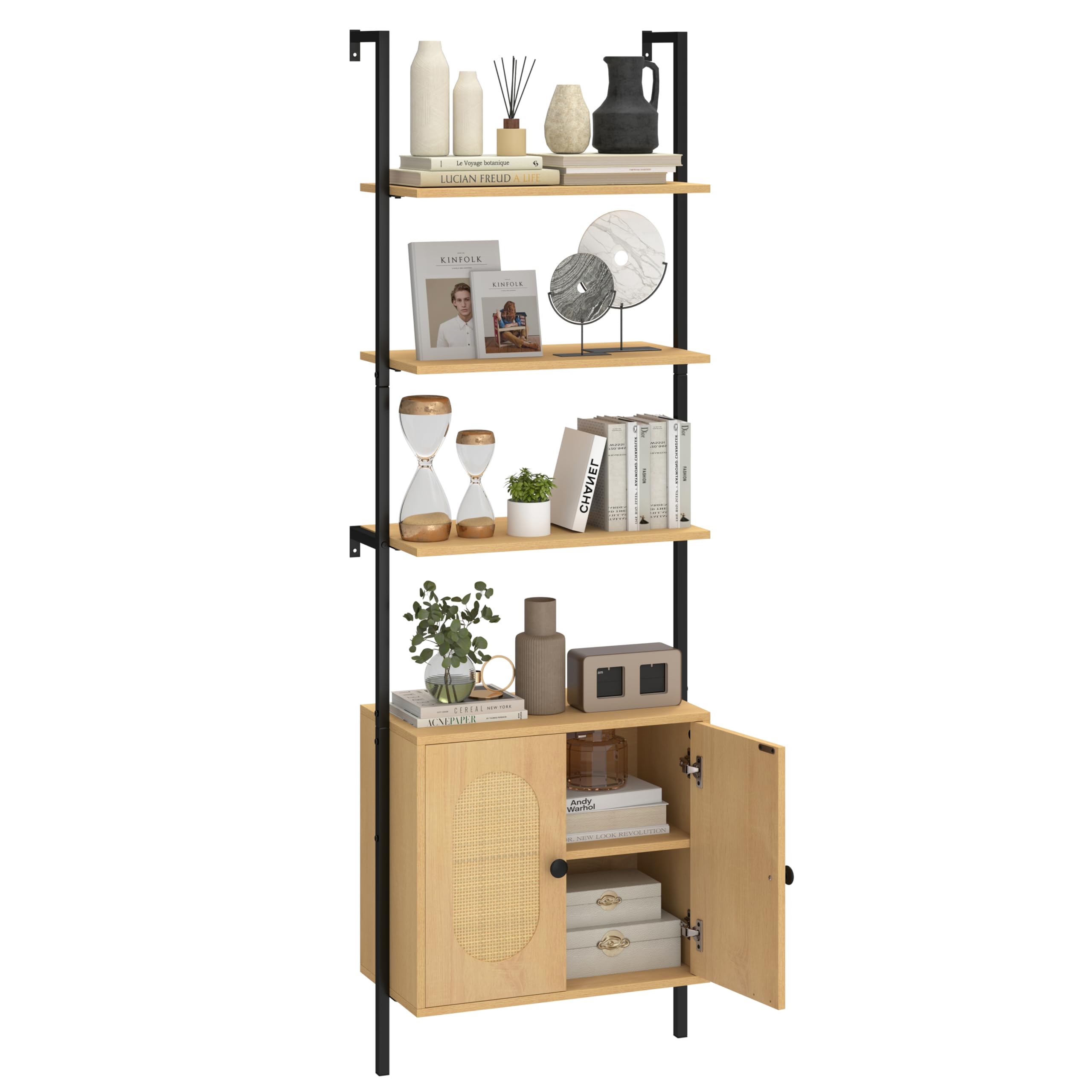 LIFEZEAL Libreria a 3 livelli, 184 cm, scaffale a scala con ripiano regolabile e armadio, mensola portaoggetti con ante in rattan e telaio in metallo per soggiorno, ufficio casa, camera da letto