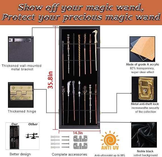 14 Wands Display Case Lockable Wall Mount Wood Wand Holder