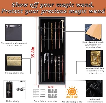14 Wands Display Case Lockable Wall Mount Wood Wand Holder