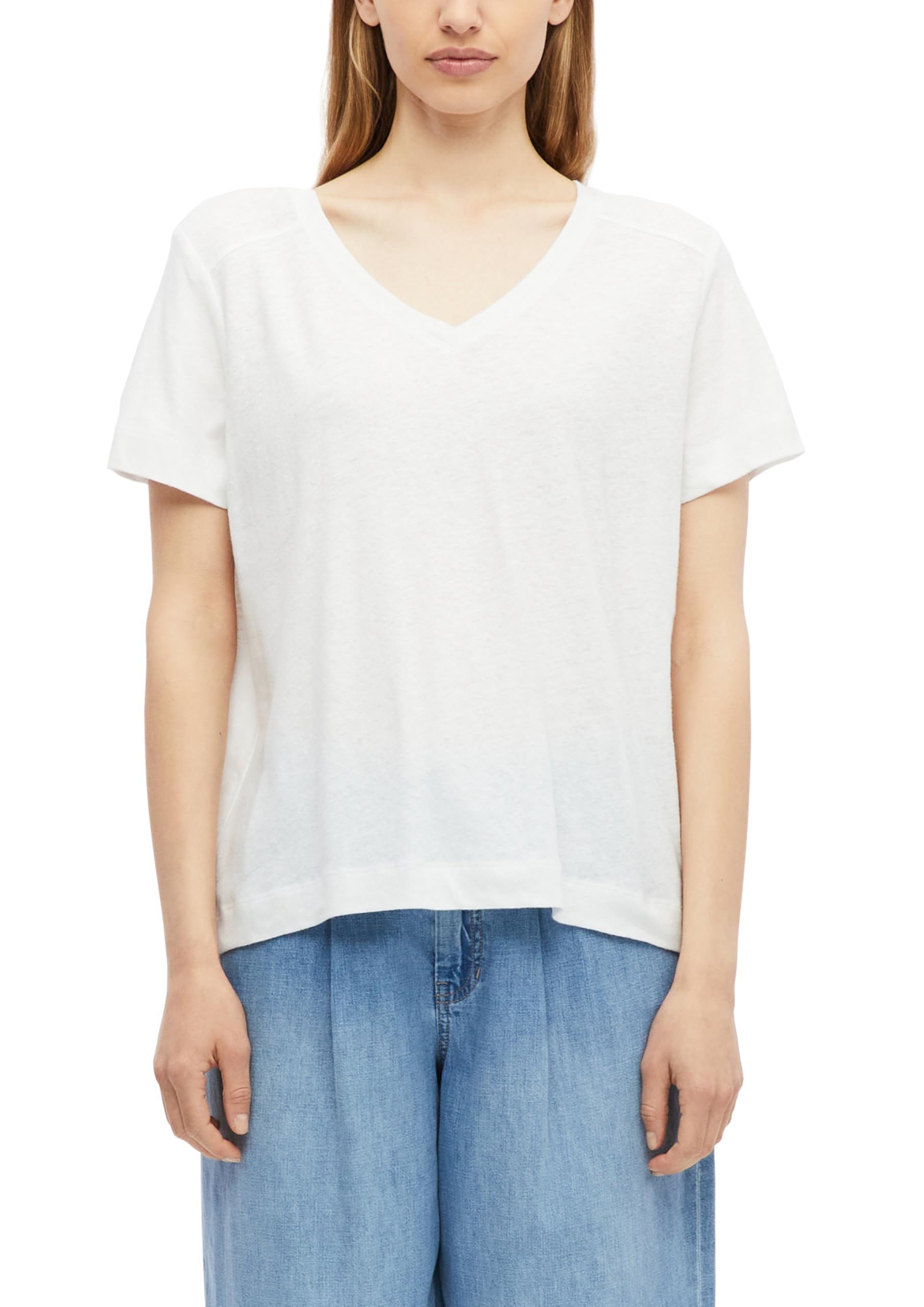 s.Oliver Women's 2178635 V-Neck Linen Mix T-Shirt (Pack of 1), White, 10