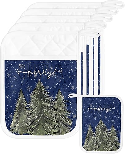 Forest Snow Tree - Juego de 4 soportes para ollas para cocina, antideslizante y aislamiento térmico, juego de agarraderas de tela de toalla con