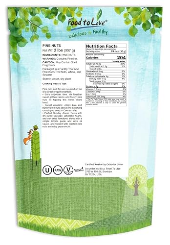 Miniatura 2 de Food to Live - Piñones, 2 libras - Pignolias enteras crudas, sin sal, Kosher. Rico en vitamina E, proteínas. Ideal para pesto, ensaladas, postres