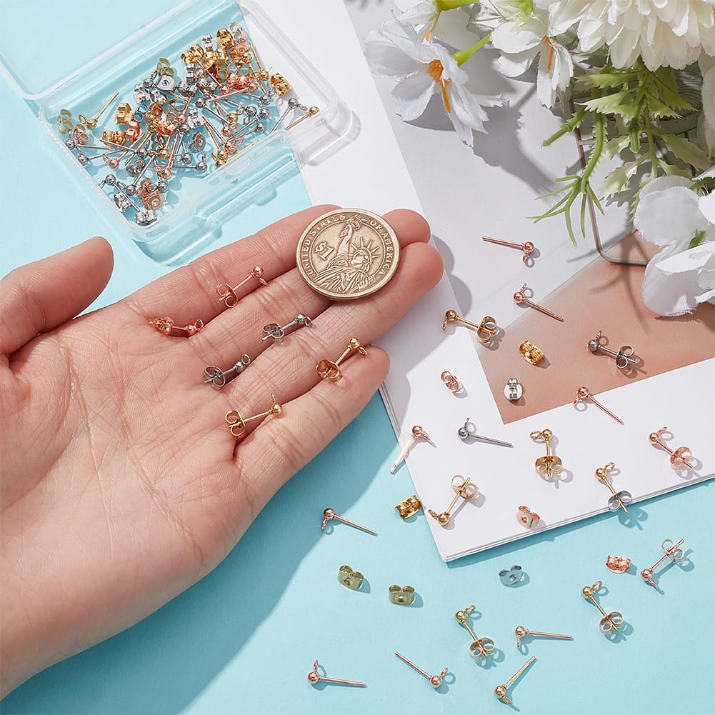 UNICRAFTALE 60 pz 3 Colori 3mm Sfera Orecchini in Acciaio Inox Orecchino Post Ear Stud con Orecchino Schienale per La Creazione di Gioielli Fai da Te, Pin 0.8 millimetro