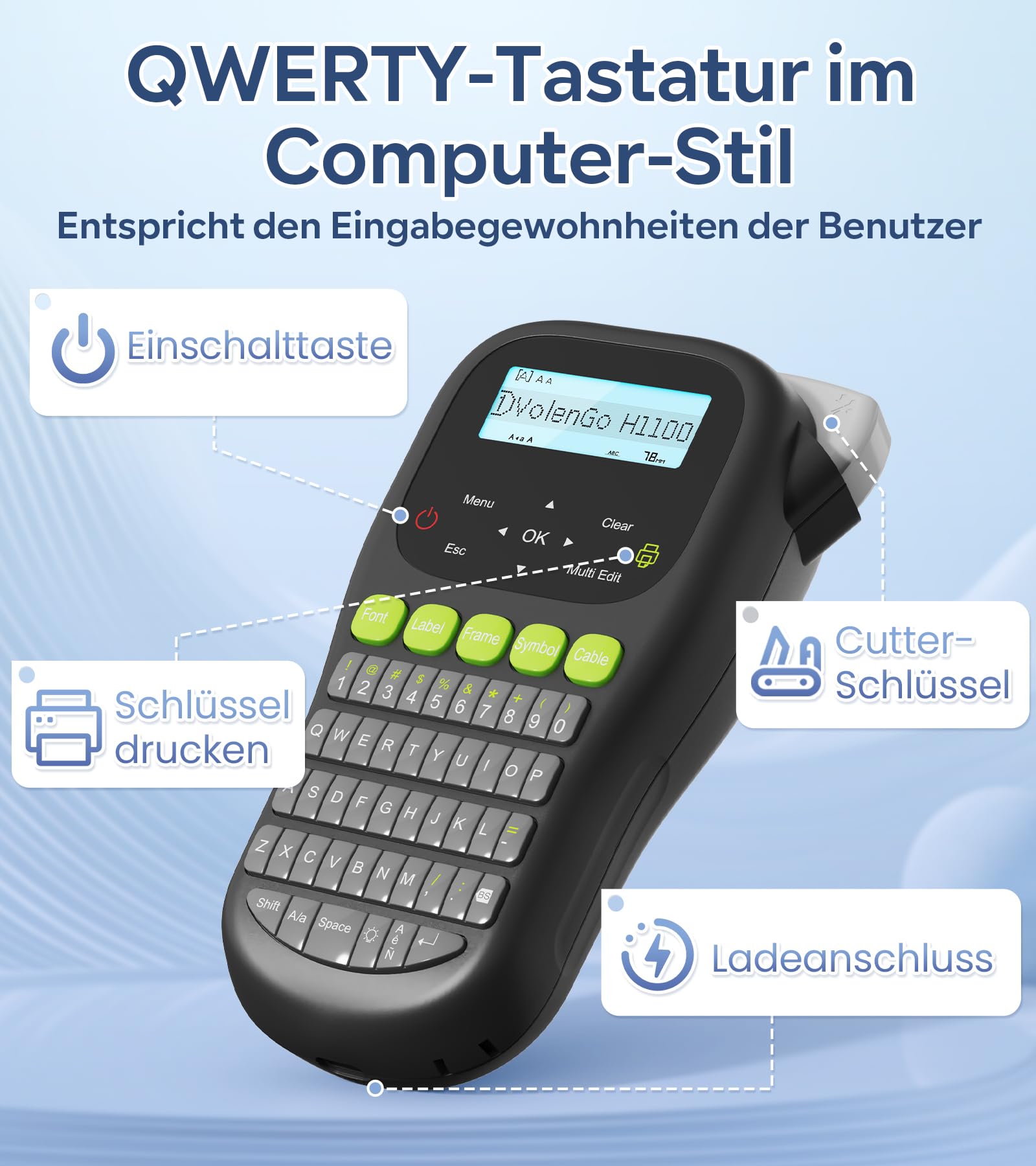 Beschriftungsgerät H1100 – Etikettiergerät & Etikettendrucker mit QWERT Tastatur, LCD-Hintergrundbeleuchtung und Selbstklebendem Label (12 mm). Portable Beschriftungsgerät Handgerät für Heim und Büro