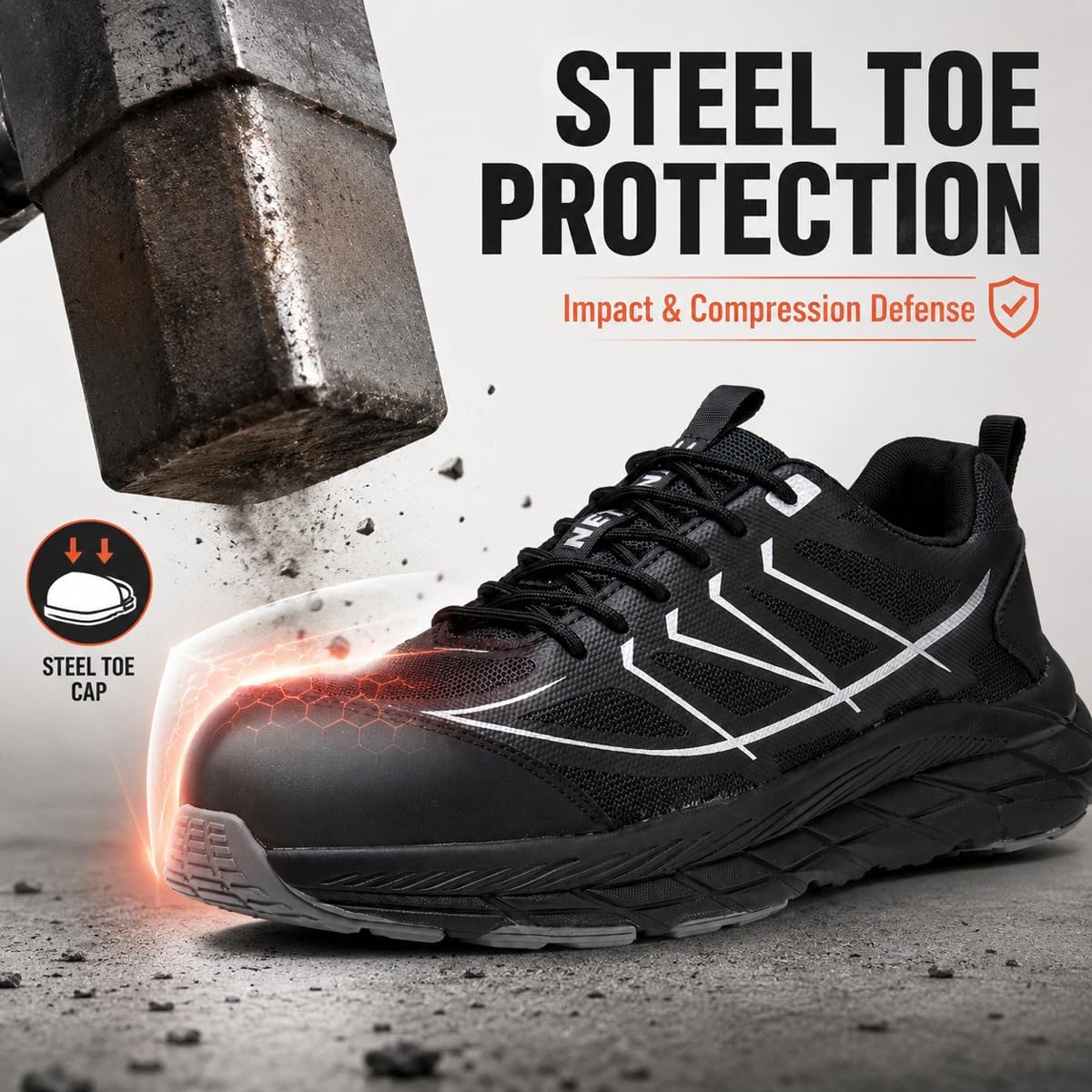 Steel Toe Shoes for Men, Lightweight Breathable Work Safety Sneakers, Comfortable Warehouse Shoes for Standing All Day, Puncture Resistant Industrial Footwear