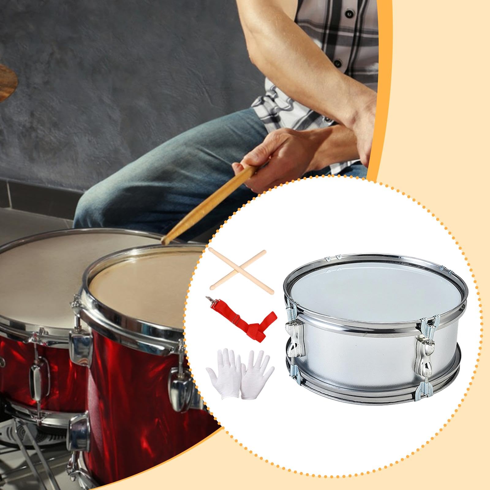Strumento Musicale rullante da 11 Pollici con Tracolla Regolabile e Bacchette con Guanti da Allenamento per Ragazzi e Ragazze, Regali per Principianti, Grigio Argento