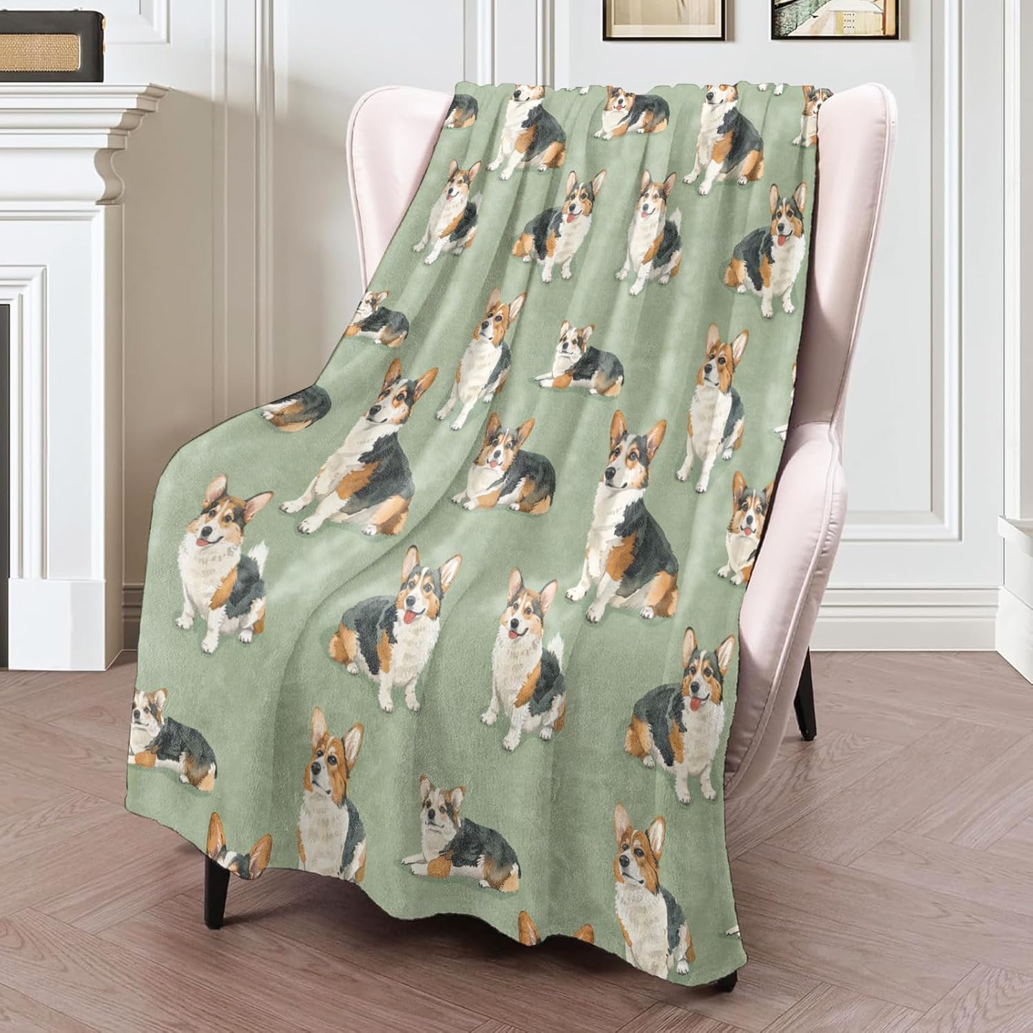 Corgi Dog Lover Blanket 50×60 Inch,Realistic Hand Drawn Style Lightweight Flannel Throw on Green Background,Cartoon Puppy Animal Decor,Gifts for Kids, Teens,Pet Fans