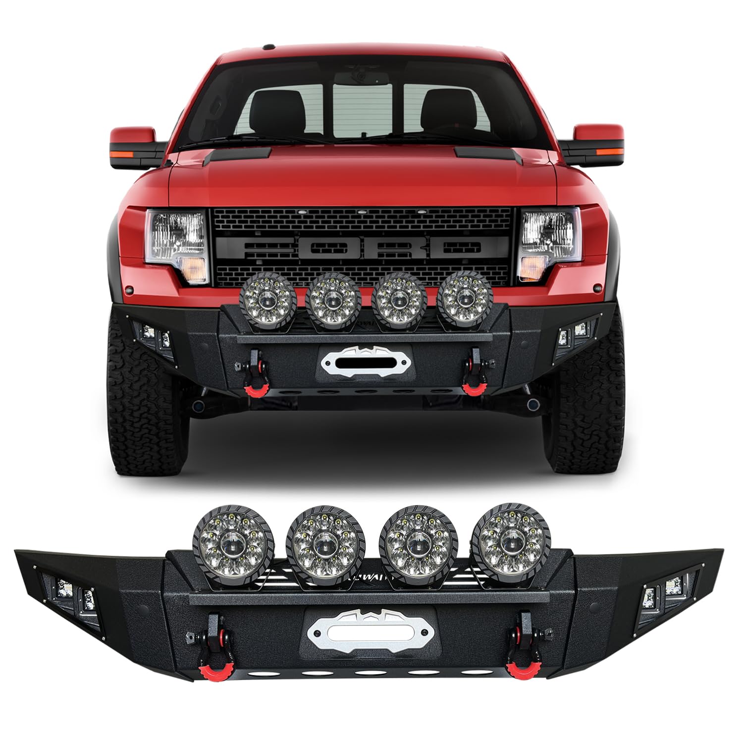 VOJEYD Front Bumper Compatible with Ford F150 Raptor SVT 2009 201 2011 2012 2013 2014 w/8 Aluminum Lights & D-Ring & Winch Plate