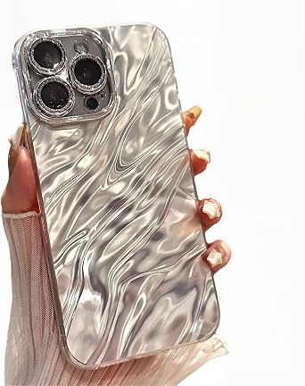 Curly Wave for iPhone 14 Case,Glitter Camera Lens Shiny Electroplating Water Ripple Pattern Case for Girls Women Military Grade Drop Protection Shockproof Cover,Silver