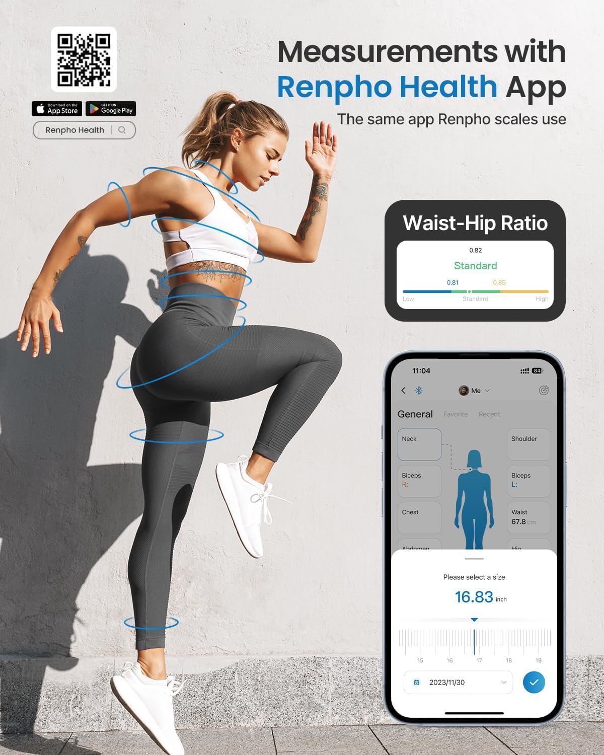 RENPHO Metro a Nastro Smart per Misurazione del Corpo con App Tramite Bluetooth, per Misurare Varie Circonferenze del Corpo, Aumento Muscolare, Risultati di Fitness e Bodybuilding, in Pollici e CM