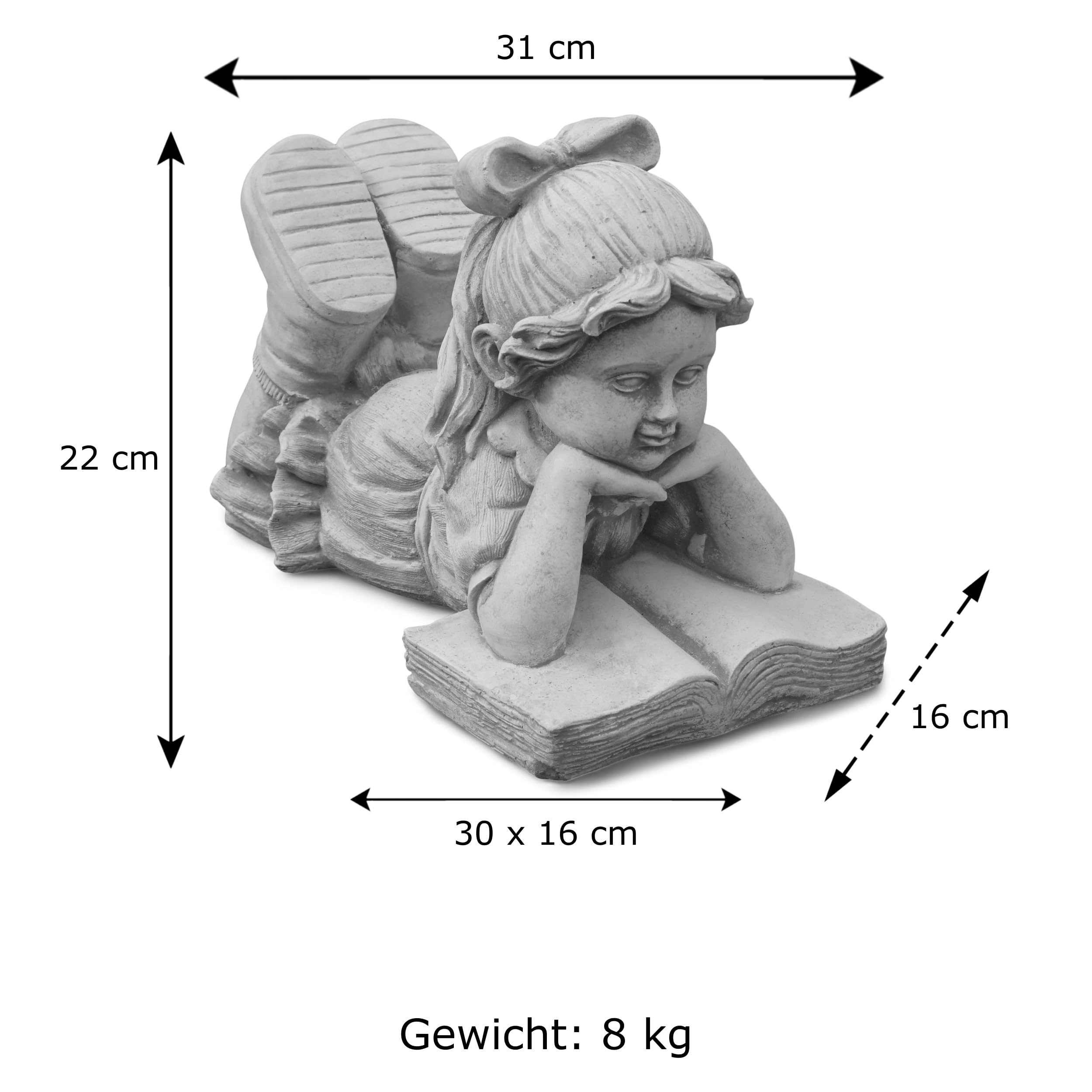 gartendekoparadies.de Ragazza sdraiata con libro, statuetta in pietra H. 22 cm, 8 kg, grigio, resistente al gelo in pietra grezzo per esterni