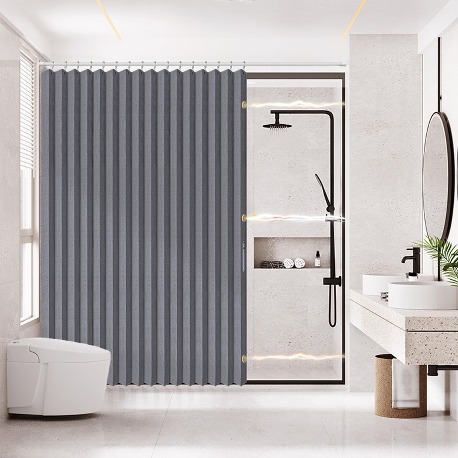 AJAZZ, Tenda da doccia pieghevole magnetica, tessuto in poliestere, gancio per tenda da doccia, impermeabile, adatta per famiglia, hotel, famiglia (grigio, 195,6 x 182,9 cm L) 1 pannello
