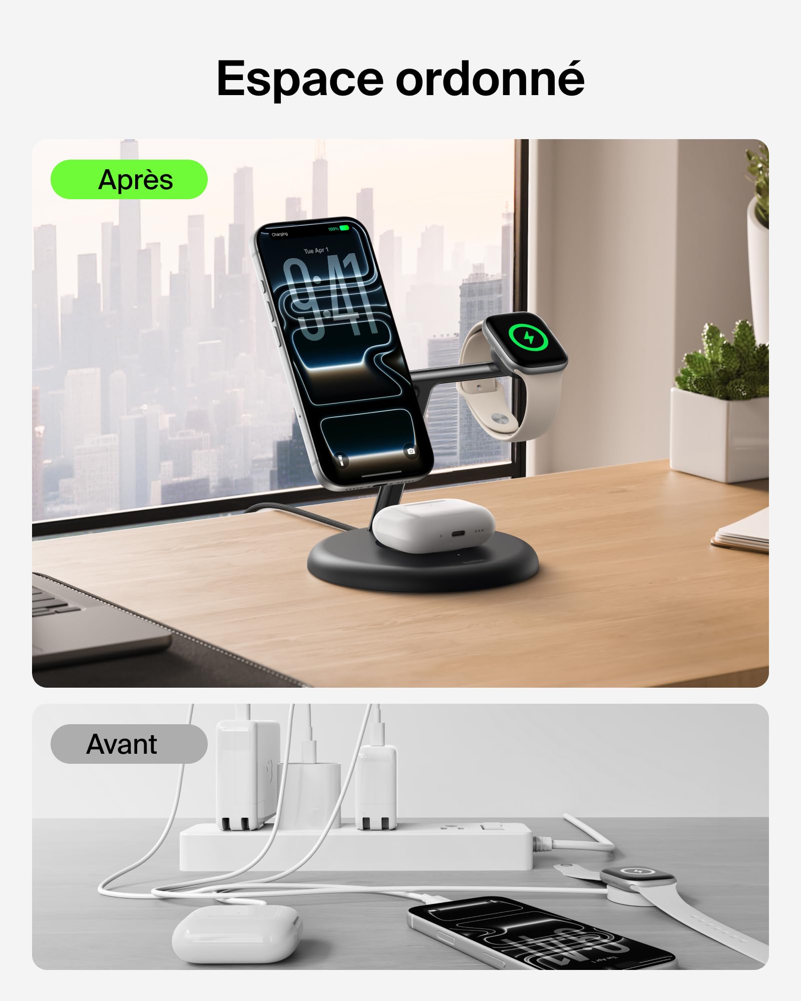 Belkin UltraCharge Station sans Fil 3-en-1 avec Qi2, 25 W - Noir | Qi2.2, Chargeur Magnétique Sans Fil MagSafe Pour iPhone, Apple Watch, Écouteurs, Câble USB-C, Adaptateur Secteur 45 W