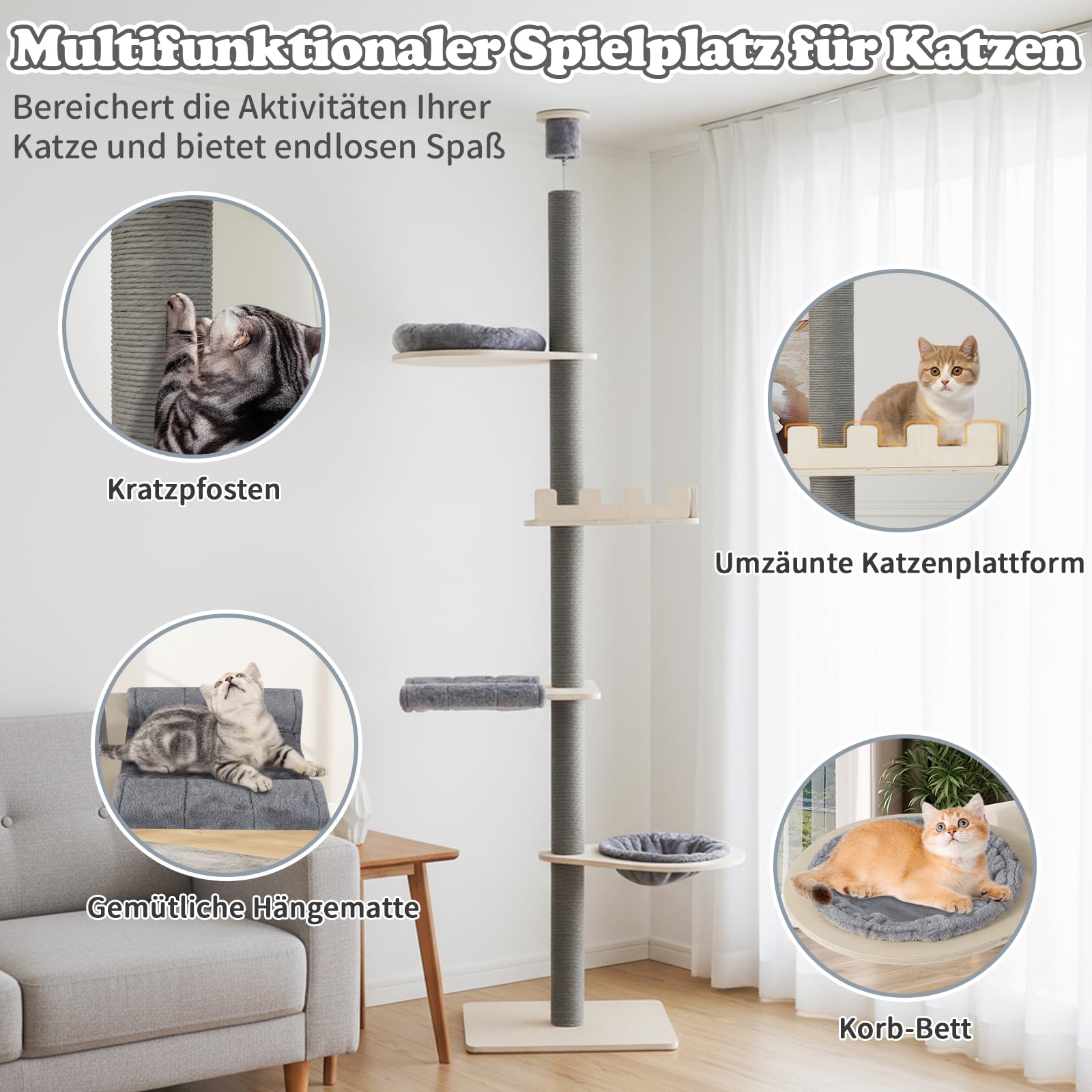 COSTWAY Kratzbaum deckenhoch, 236-271 cm, von Boden bis Decke, 5-stöckiger Katzenbaum, Dicke Stämme, Katzenkratzbaum hoch, Kletterbaum mit Hängematte & Korb & Bett, Katzen Katzenmöbel Holz, Grau