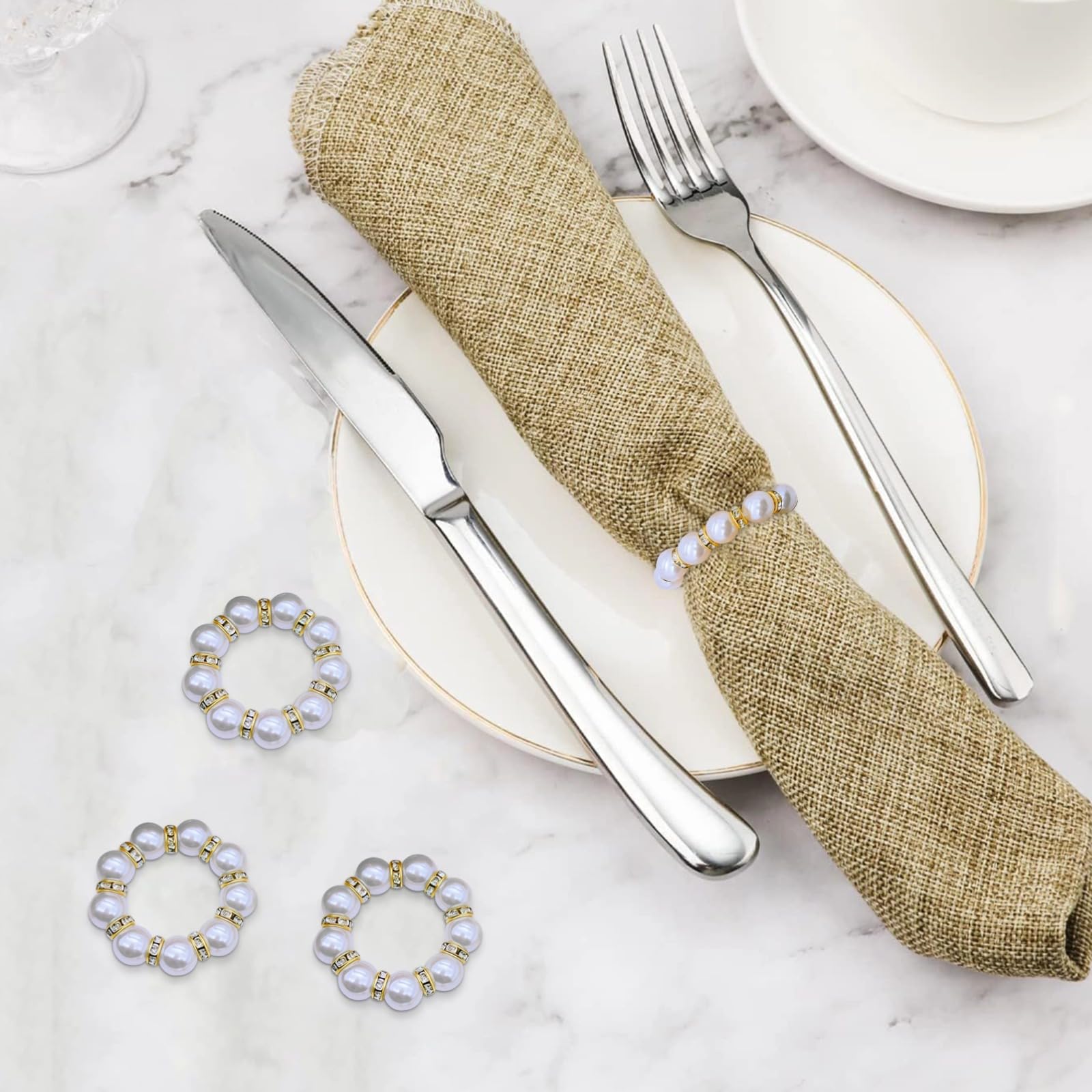 50 pièces Ronds de Serviette en Perles dorées, ornés de Strass et Fausses Perles, pour Mariage, fête et réception, Anneaux élégants pour Serviettes, adaptés aux Grandes Tables