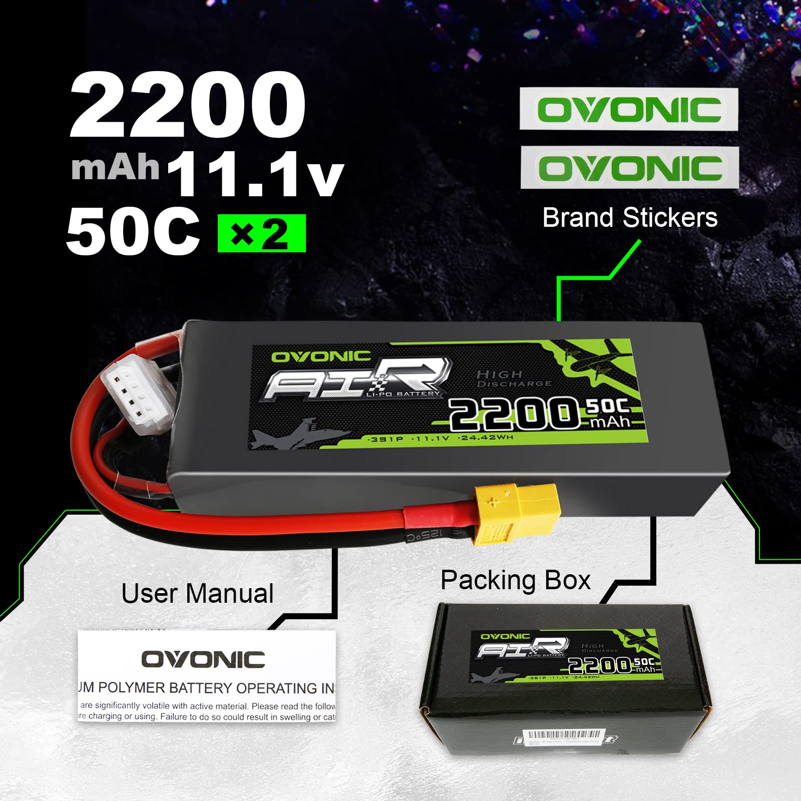 OVONIC 3S Lipo Bateria 11.1V 2200mAh 50C z XT60 do RC Evader BX Auto RC Truck RC Truggy RC Samolot UAV Drone FPV (2 sztuki)